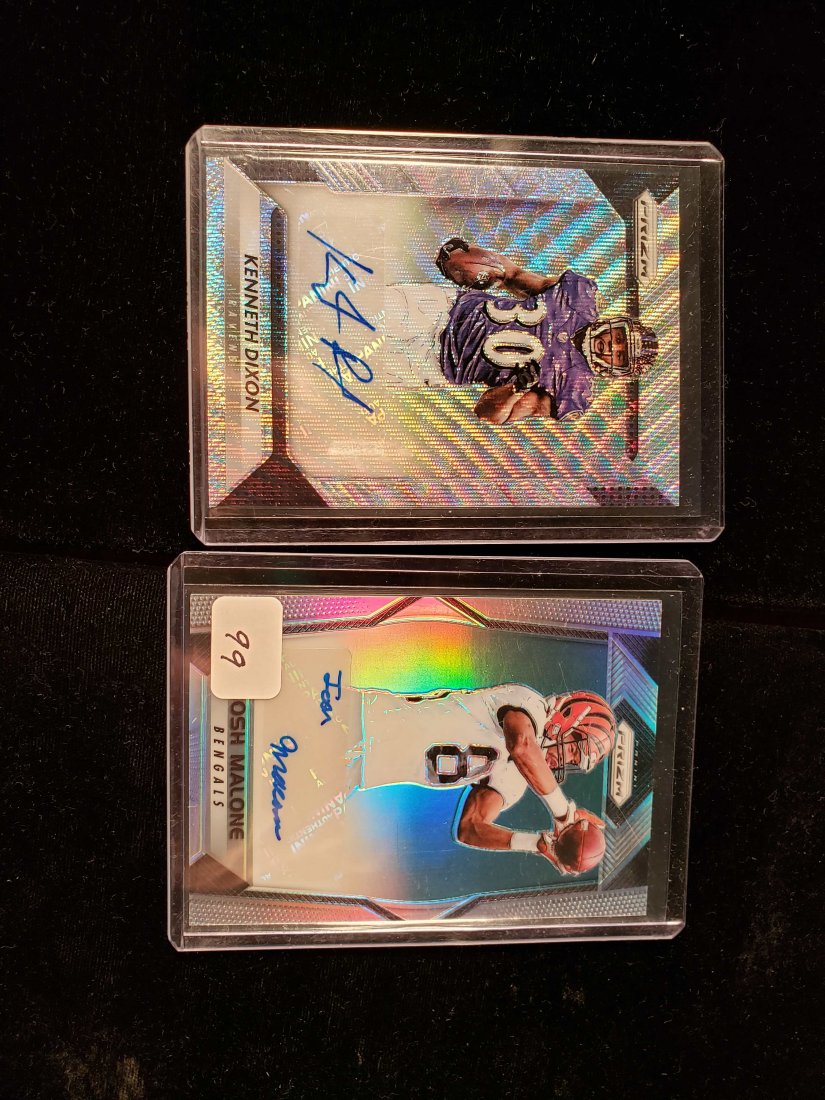 LOT OF 2 PANINI PRIZM FOOTBALL AUTO REFRACTORS: INSERT/PARALLEL FOOTBALL SIGNATURE CARDS, JOSH MALONE BENGALS AND KENNETH DIXON RAVEN 010/199 REFRACTOR