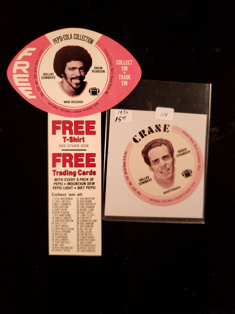 1970'S DALLAS COWBOYS ADVERTISING INSERT CARDS MINT!: 1976 DREW PEARSON PEPSI COLA BOTTLES ISERT CARD AND 1976 ROGER STAUBACH CRANE POTATO CHIPS CARD