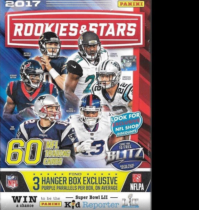 2017 PANINI FOOTBALL ROOKIES AND STARS HANGER BOX: $14.99 RETAIL VALUE 60 cards per box.Find 3 Hanger Box Exclusive Purple Parallels Per Box, On AverageFIND A ROOKIE PAT MAHOMES ALVIN KAMARA, DESHAUN WATSON, MITCHELL TRUBISKY, CHRISTIAN MCCAFFERY AND 