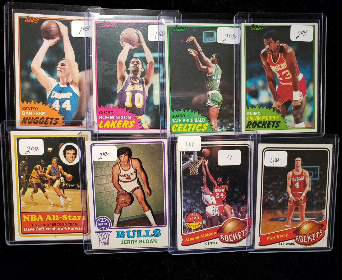 VINTAGE NBA BASKETBALL TRADING CARD LOT: 8 NBA CARDS FEATURING STARS LEGENDS AND HALL OF FAMERS. MOSES MALONE, JERRY SLOAN, CALVIN MURPHY, NATE ARCHIBALD, RICK BERRY