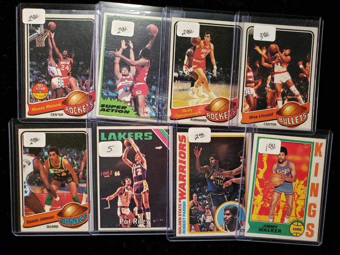 VINTAGE NBA BASKETBALL TRADING CARD LOT: 8 NBA CARDS FEATURING STARS LEGENDS AND HALL OF FAMERS. PAT RILEY, DENNIS JOHNSON, ROBERT PARRISH WES UNSELD,