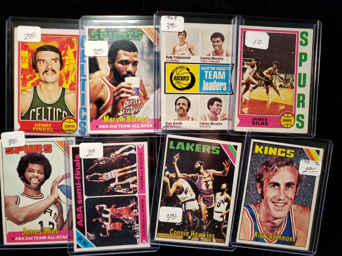 VINTAGE NBA BASKETBALL TRADING CARD LOT: 8 NBA CARDS FEATURING STARS LEGENDS AND HALL OF FAMERS. JAMES SILAS, MARVIN BARNES, RICK ADELMAN, CONNIE HAWKINS