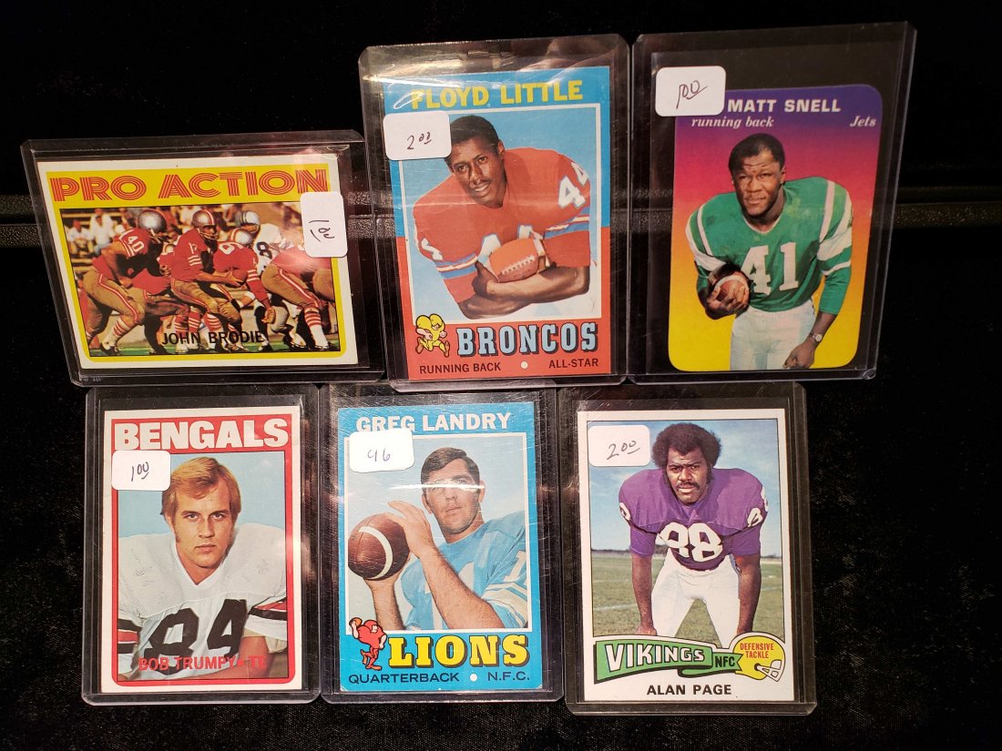 LOT OF 6 VINTAGE NFL FOOTBALL CARDS STARS AND HOF: GREG LANDRY DETROIT LIONS, ALAN PAGE VIKINGS HALL OF FAMER, FLOYD LITTLE