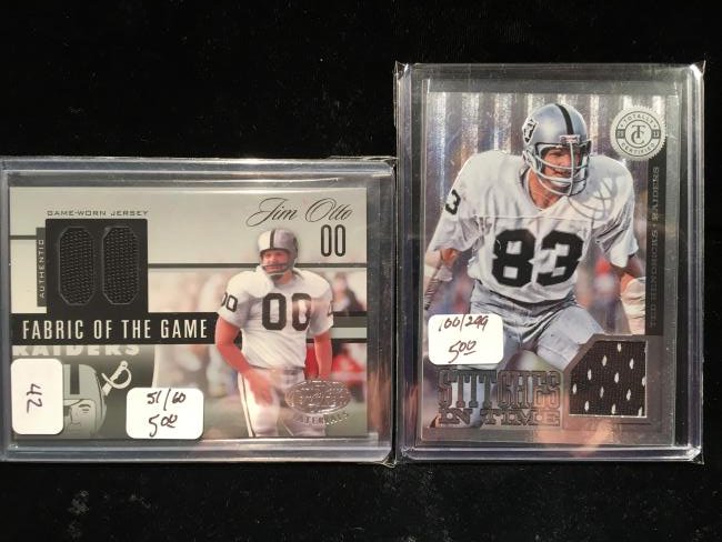 OAKLAND RAIDERS THROWBACK GAME USED JERSEY CARD LOT: OAKLAND RAIDERS HALL OF FAMER JIM OTTO AND TED HENDRICKSON GAME USED JERSEY CARDS