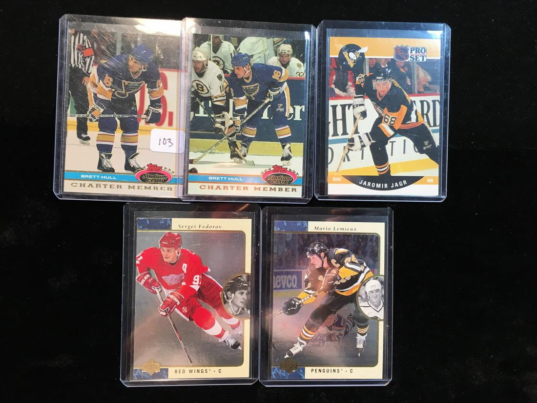 LOT OF 5 NHL HOCKEY SUPER STAR AND HALL OF FAME TRADING: BRETT HULL, MARIO LEMIEUX, JAROMIR YAGR, SERGEI FEDEROV