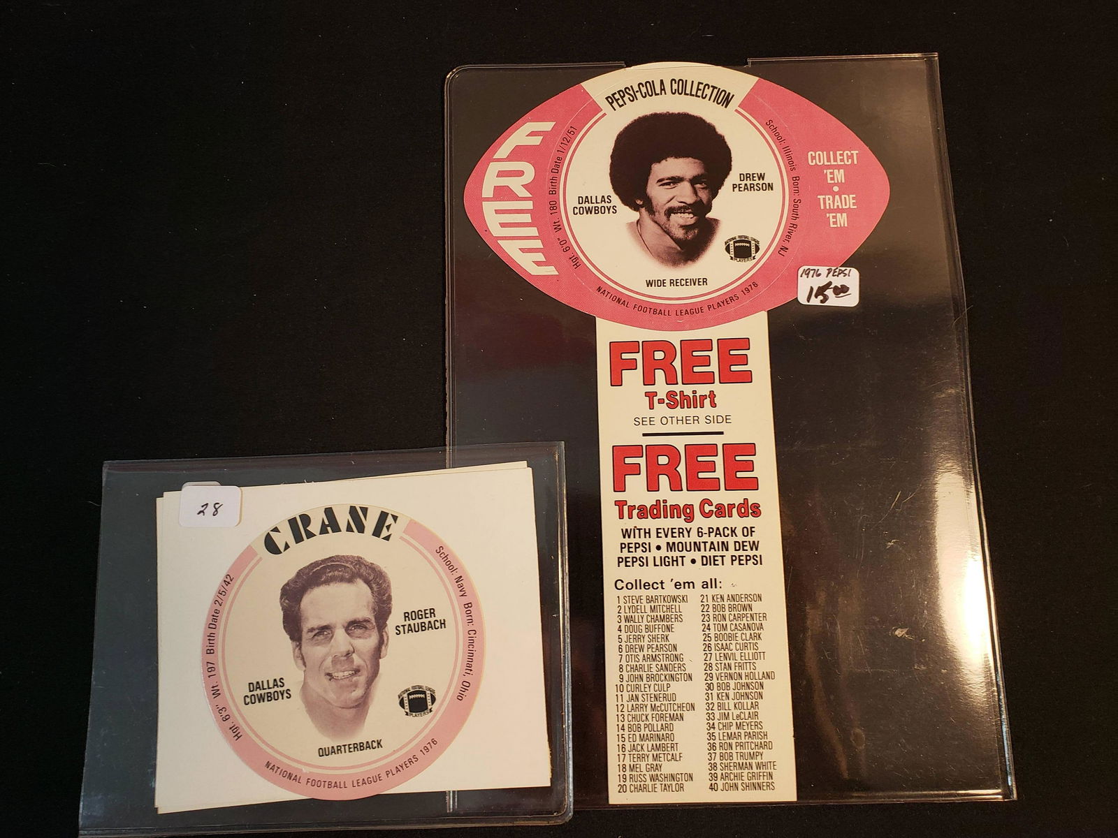 VINTAGE 1976 DALLAS COWBOYS FOOTBALL ADVERTISING INSERT: DREW PEARSON PEPSI COLA BOTTLE INSERT, ROGER STAUBACH CRANE POTATO CHIPS CARD