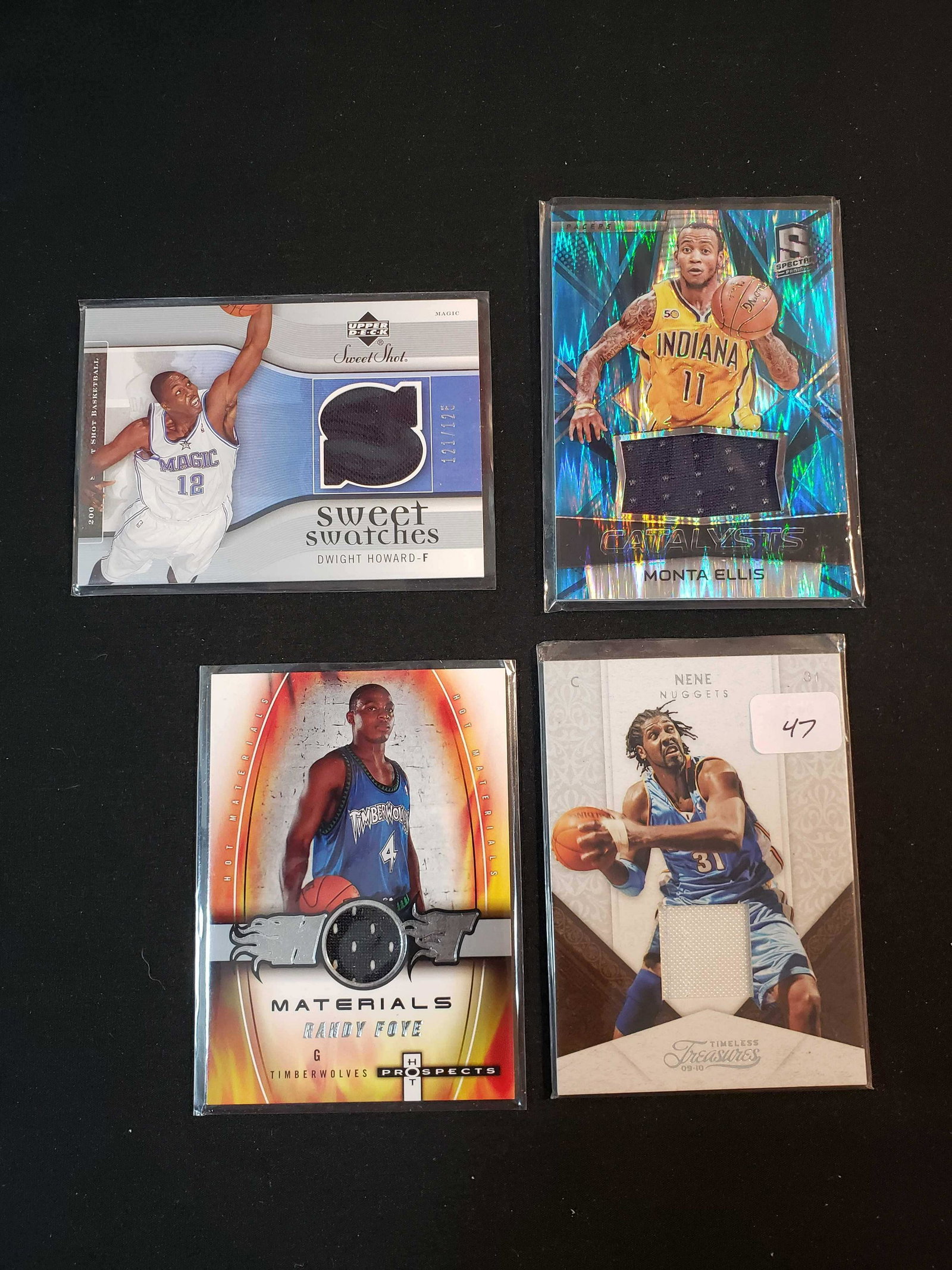 NBA BASKETBALL GAME USED JERSEY MEMORABILIA RELIC CARD: SERIAL NUMBERED RELICS NENE 073/100, MONTA ELLIS CATALYST 10/99, DWIGHT HOWARD MAGIC SWEET SWATCH 121/125, HOT PROSPECT 45/50 RANDY FORTE WOLVES