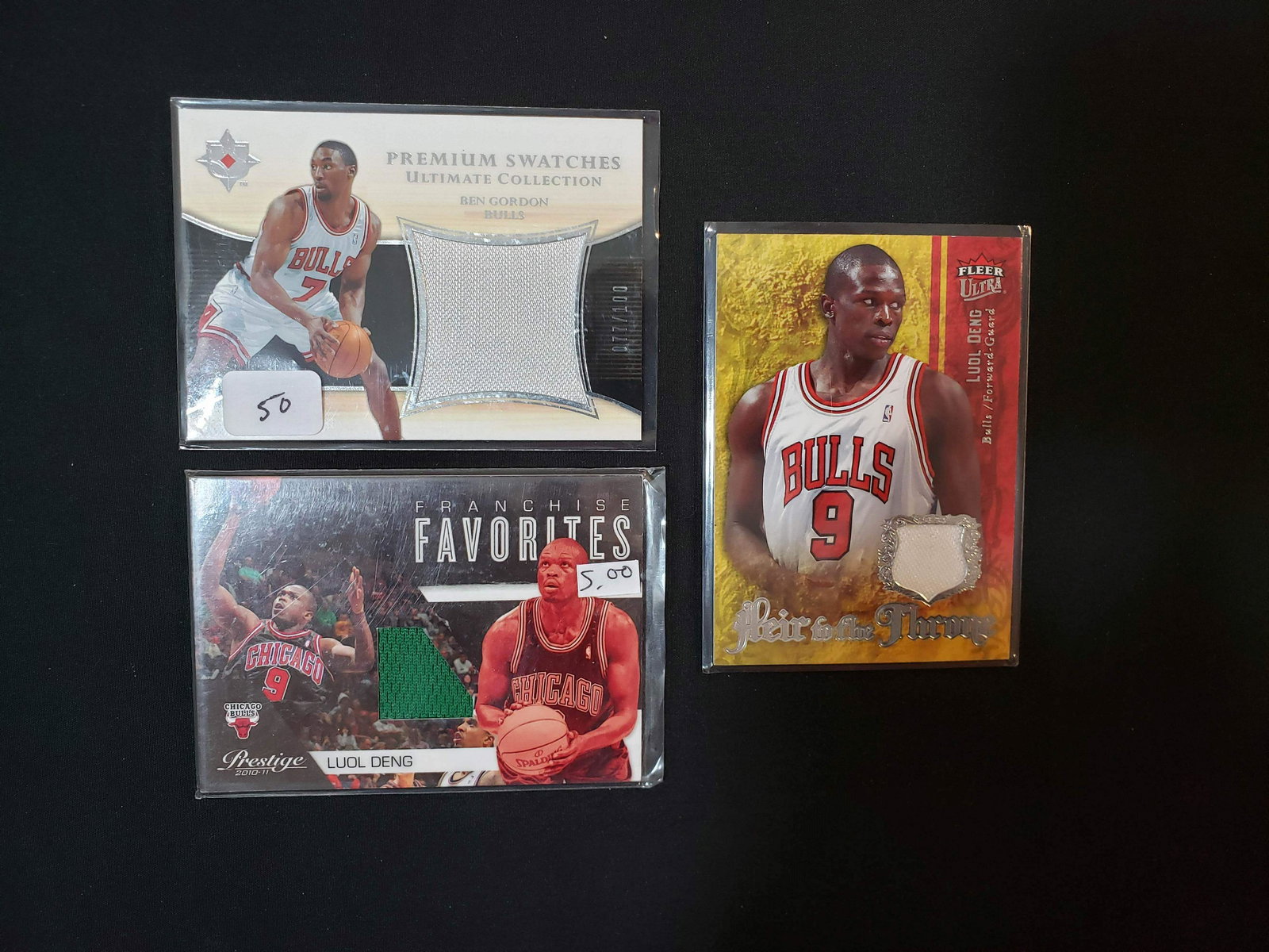 CHIGAGO BULLS NBA BASKETBALL CARDS GAME USED JERSEY: LUOL DENG FRANCHISE FAVES 099/249, FLEER ULTRA 151/199, BEN GORDON PREMIUM SWATCHES 077/100