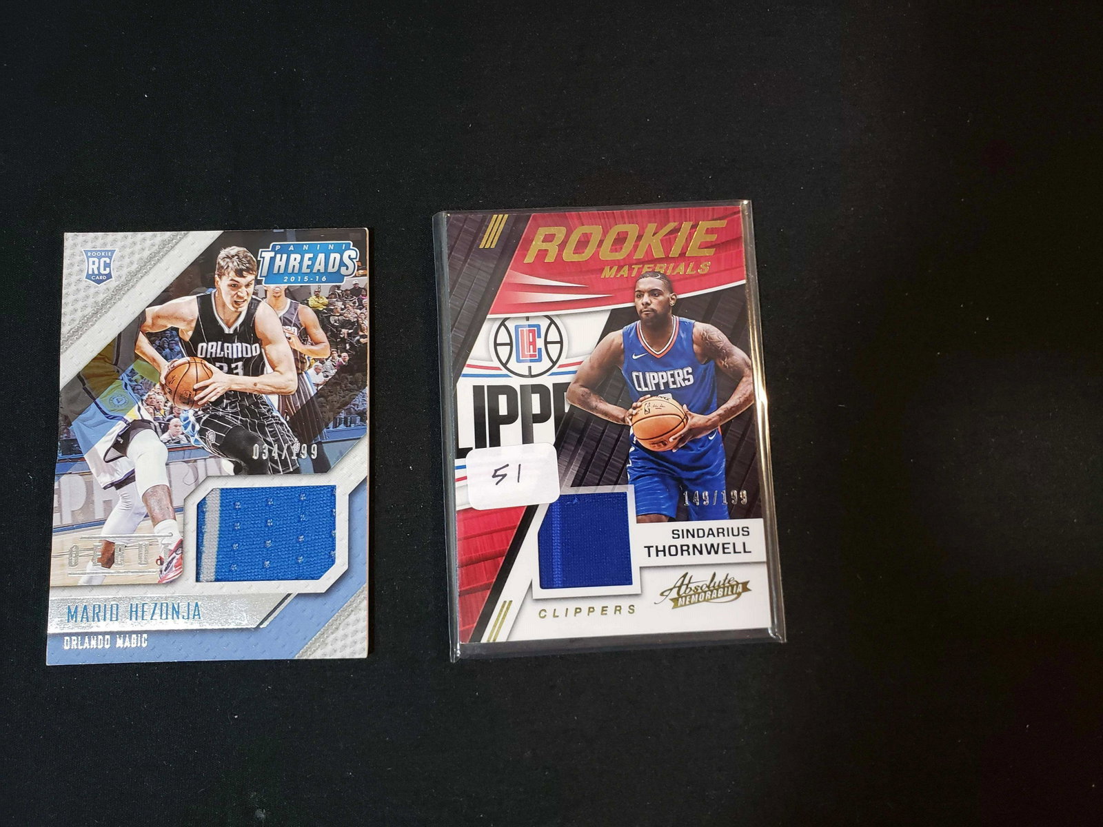 NBA BASKETBALL ROOKIE PIN STRIPE JERSEY CARDS PATCHES: SINDARIUS THORNWELL 149/199 AND MARIO HEZONJA MAGIC 034/199
