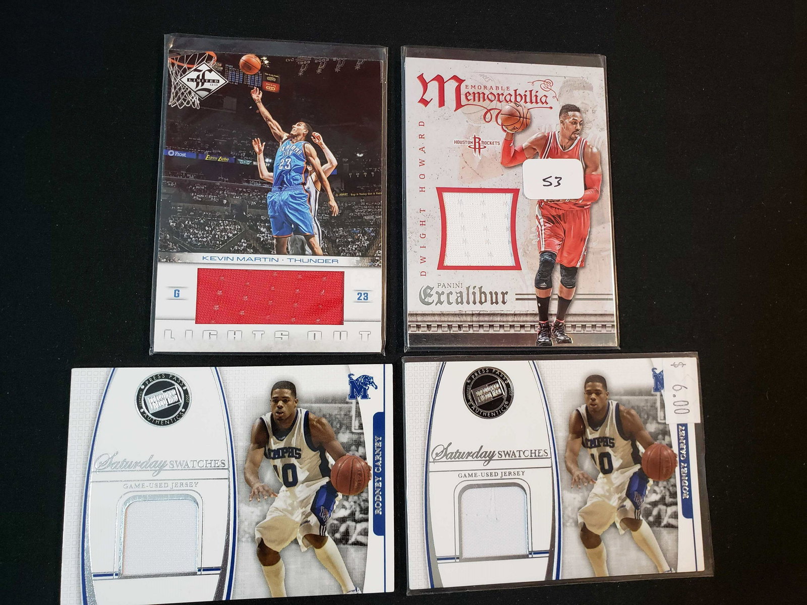 BASKETBALL CARDS GAME USED MEMORABILIA CARDS: DWIGHT HOWARD ROCKETS JUMBO JERSEY CARD, KEVIN MARTIN OKC THUNDER, SATURADAY SWATCHES UNIV OF MEMPHIS