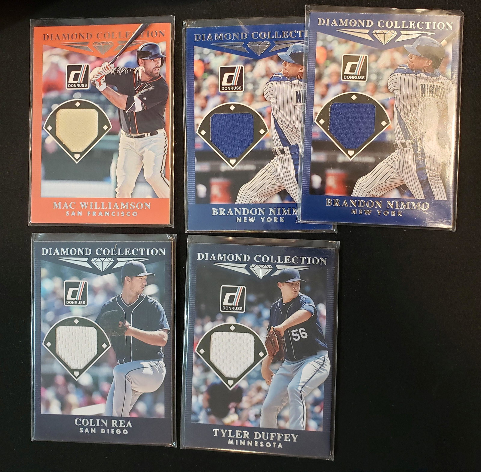 DIAMOND COLLECTION GAME WORN JERSEY CARD LOT: TYLER DUFFY TWINS,COLIN REA PADRES, BRANDON NIMMO METS, MAC WILLIAMSON GIANTS