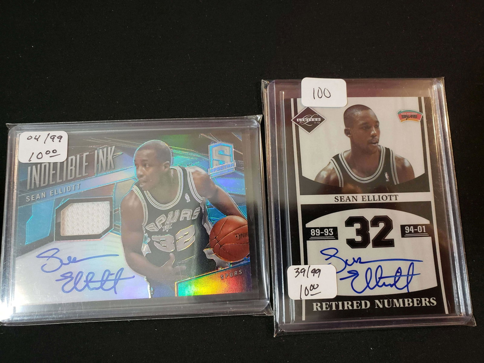 SEAN ELLIOTT SAN ANTONIO SPURS NBA AUTOGRAPHED CARDS: PANINI SPECTRA PATCH AUTO 04/99, PANINI LIMITED BASKETBALL AUTO 39/99
