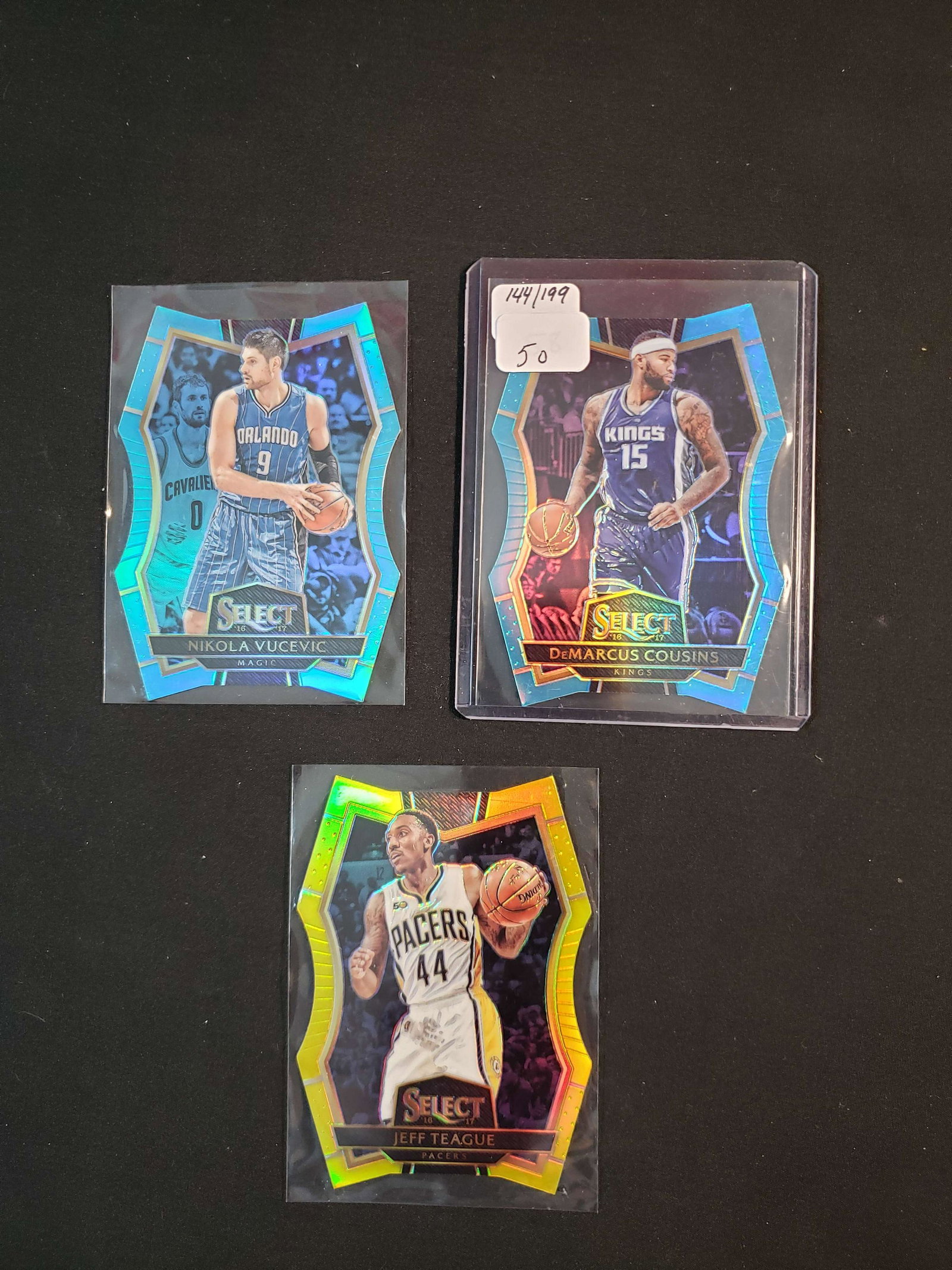 SELECT PRIZM BASKETBALL DIE CUT PRIZM LOT: BOOGIE COUSINS BLUE 144/199, NIKOLA VUCEVIC BLUE 110/199, JEFF TEAGUE YELLOW 68/75