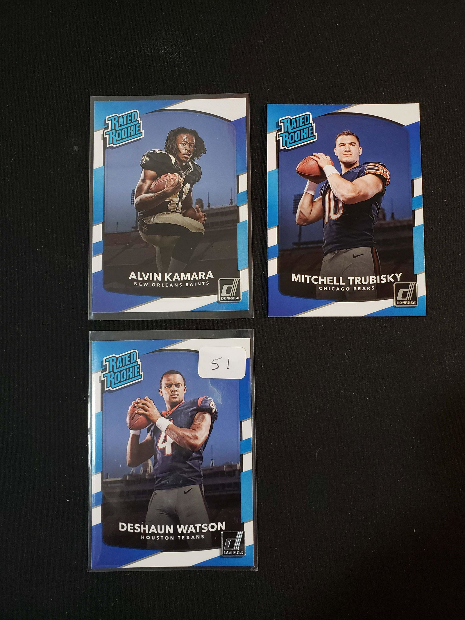 2017 PANINI DONRUSS FOOTBALL CARD RATED ROOKIES: DESHAUN WATSON HOUSTON TEXANS, MITCHELL TRUBISKY, ALVIN KAMARA NEW ORLEANS SAINTS