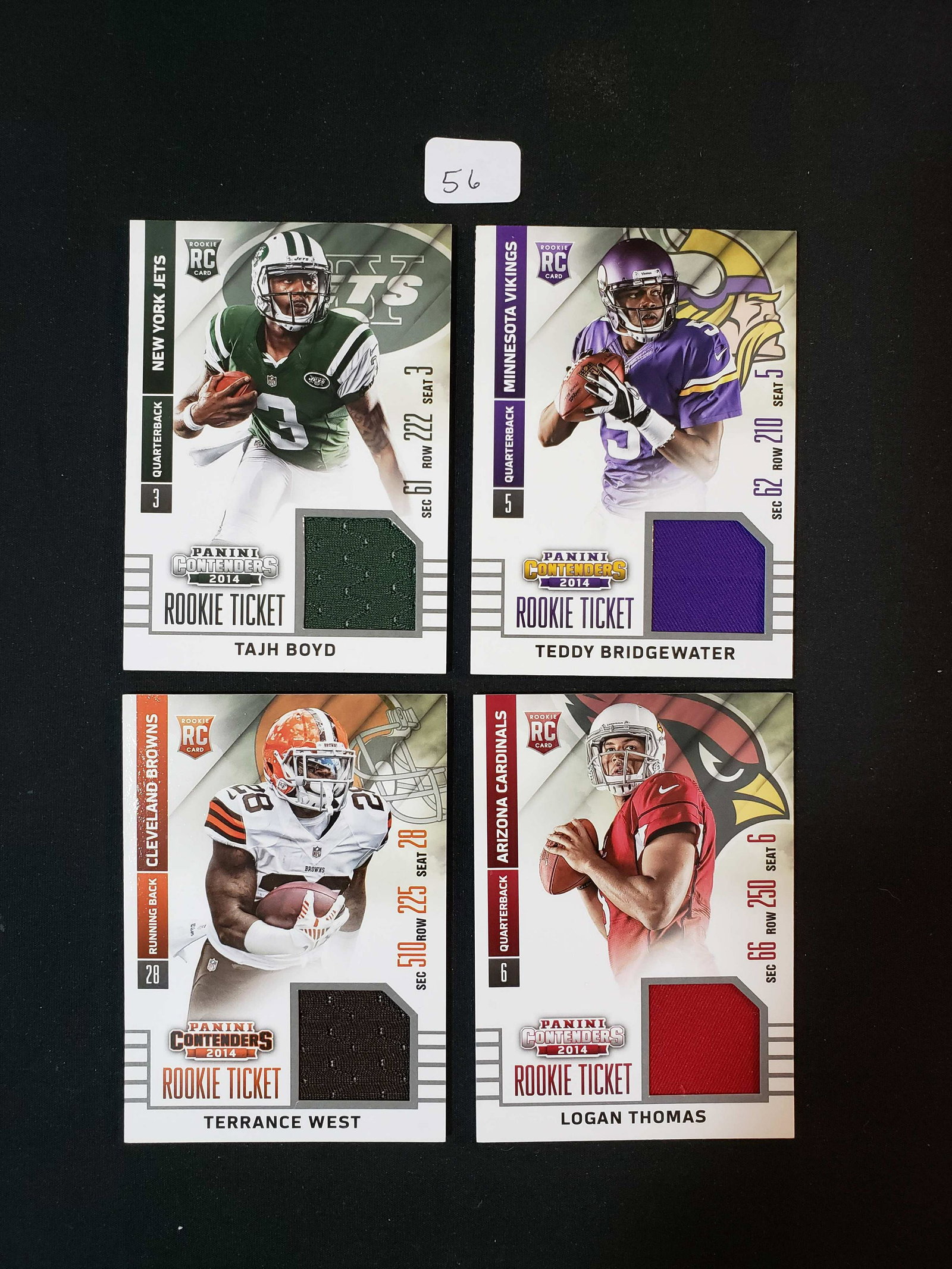 PANINI CONTENDERS 2014 FOOTALL ROOKIE TICKET JERSEY: TERRANCE WEST CLEVELAND BROWNS, LOGAN THOMAS CARDINALS, TAJH BOYD JETS,TEDDY BRIDGEWATER MINNESOTA VIKINGS