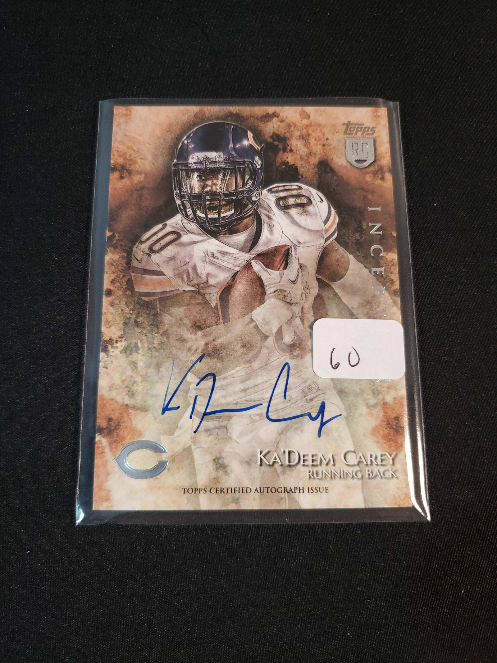 KA'DEEM CAREY CHICAGO BEARS ROOKIE AUTOGRAPHED CARD: TOPPS INCEPTION ROOKIE AUTO