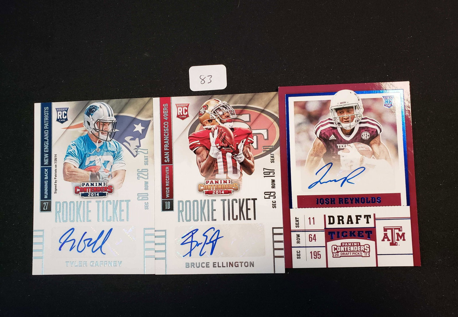 PANINI CONTENDERS FOOTBALL ROOKIE TICKET AUTO LOT: JOSH REYNOLDS RAMS, TYLER GAFNEY PANTHERS AND BRUCE ELLINGTON ARIZONA CARDS