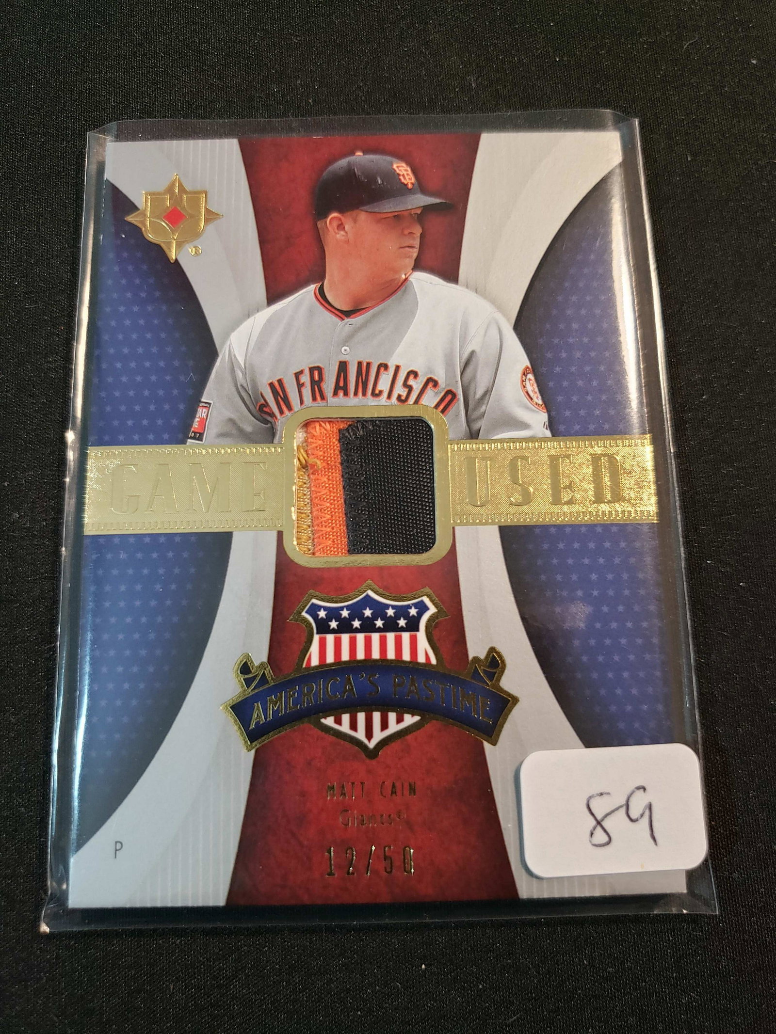 MATT CAIN GIANT AMERICAS PASTIME SICK SP PATCH CARD: TRIPLE COLORED PATCH NUMBERED 12/50 MATT CAIN SAN FRANSISCO GIANTS
