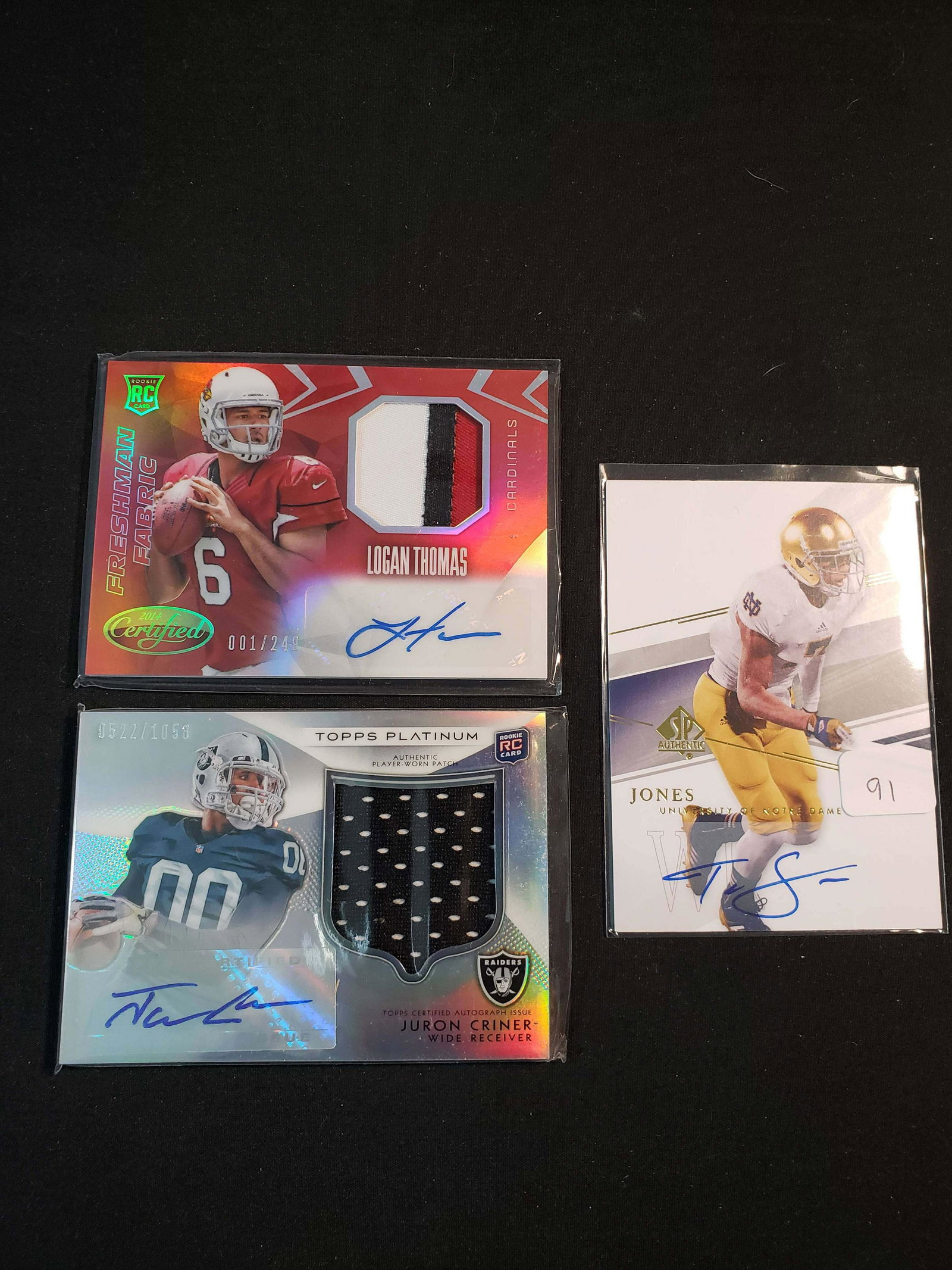 LOT OF 3 BETTER NFL HIT AUTO AND MEMORABILIA CARDS: LOGAN THOMAS CARDINALS RPA, JURON CRINER RAIDERS, TJ JONES NOTRE DAME FIGHTING IRISH AUTOGRAPH
