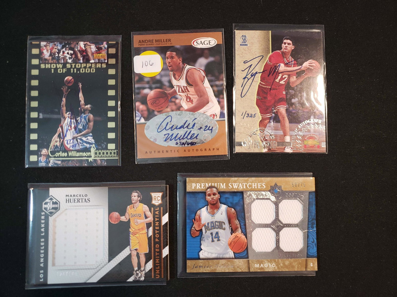 NBA BASKETBALL RELIC AND AUTOGRAPHED HIT CARD LOT: ANDRE MILLER ROOKIE AUTO, MICHAEL FINLEY AUTO,RYAN MINOR, JAMEER NELSON QUAD RELIC, LA LAKERS ROOKIE JERSRY