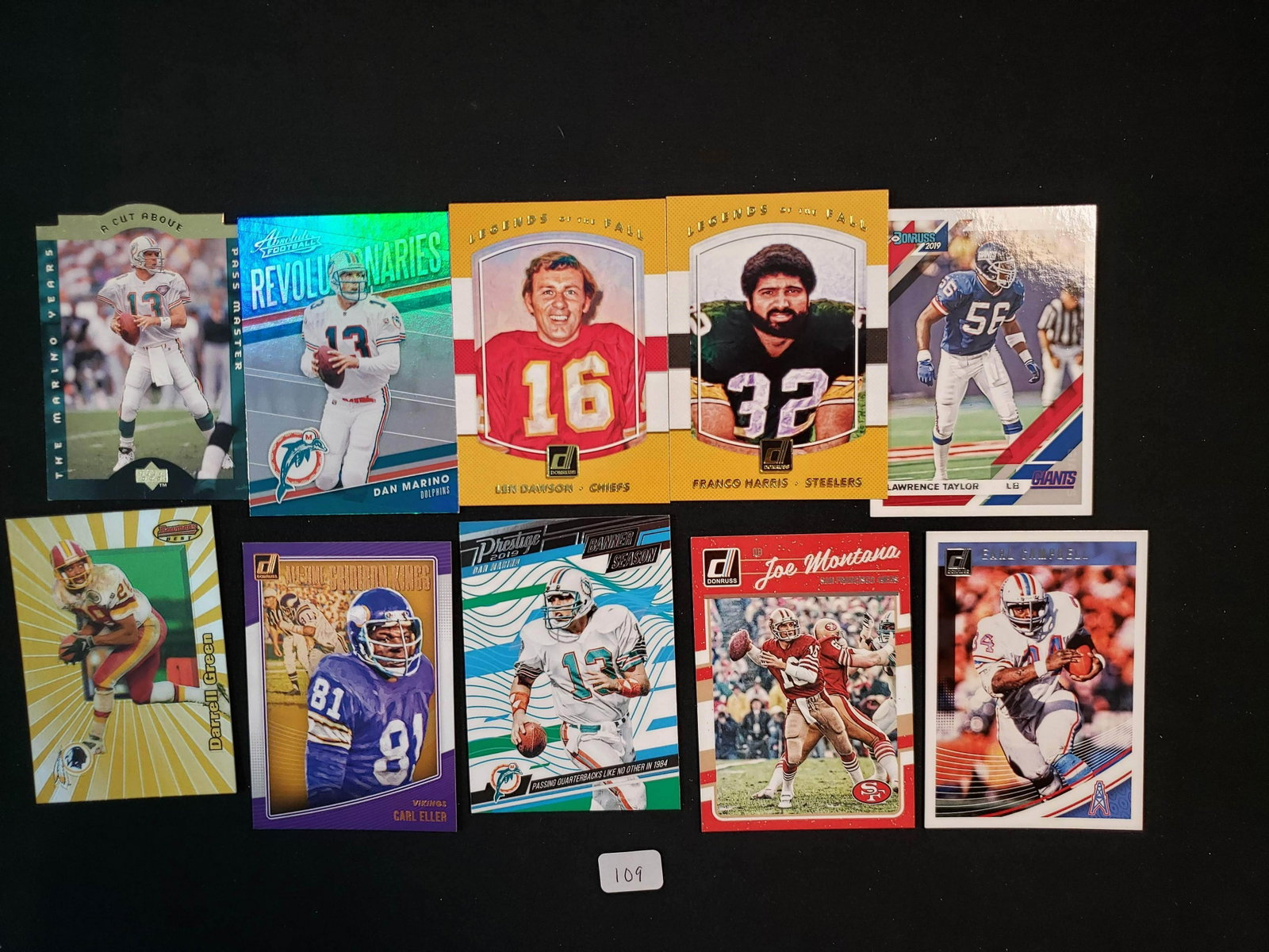 LEGENDS AND HALL OF FAME FOOTBAL INSERT CARDS: EARL CAMPBELL, FRANCO HARRIS, DAN MARINO, MONTANA, CARL ELLER
