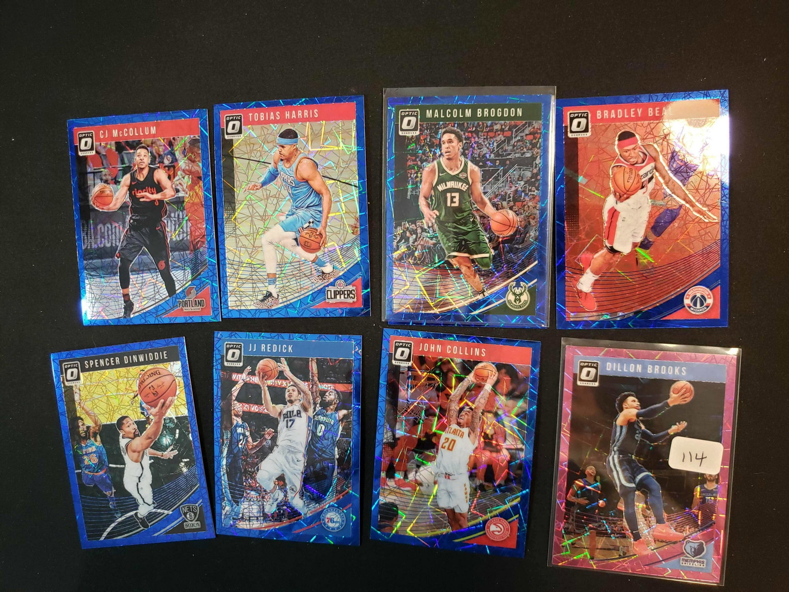 DONRUSS OPTIC BASKETBALL BLUE AND PINK VELOCITY PRIZM: WILLIE BROOKS PINK VELOCITY 59/79, TOBIAS HARRIS, MALCOLM BROGDON BLUE VELOCITY MANY MORE !