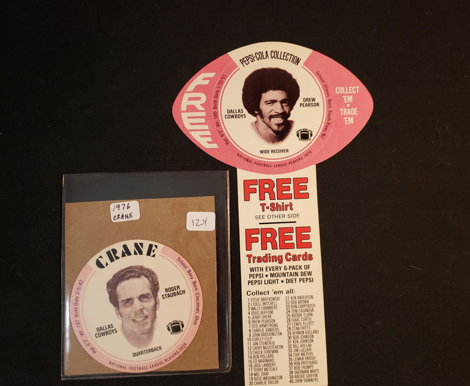 1976 DALLAS COWBOYS ADVERTISING CARDS ROGER STAUBACH: ROGER STAUBACH 1976 CRANE POTATO CHIP INSERT, DREW PEARSON PEPSI COLA BOTTLE INSERT CARD BOTH MINT