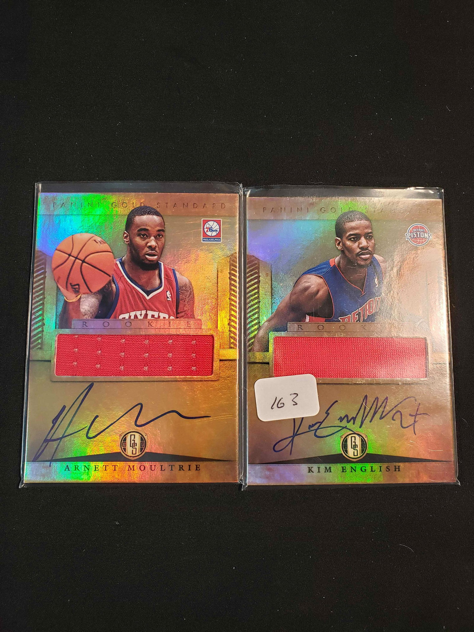 NBA BASKETBALL ROOKIE SIGNATURE JERSEY RELIC CARDS: PANINI GOLD STANDARD KIM ENGLISH PISTONS, ARNETT MOULTRIE 76ERS