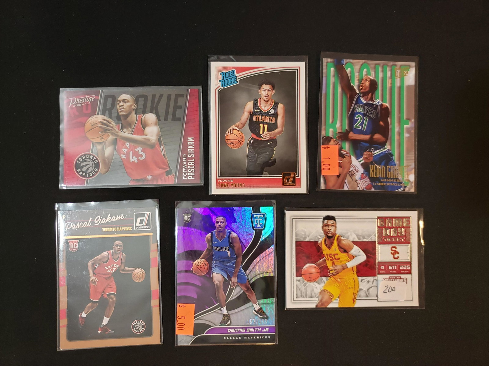 lot of 6 better nba basketball rookie cards: PASCAL SIAKAM RAPTORS, DENNIS SMITH JR /199,KEVIN GARNETT ROOKIE, TRAE YOUNG HAWKS