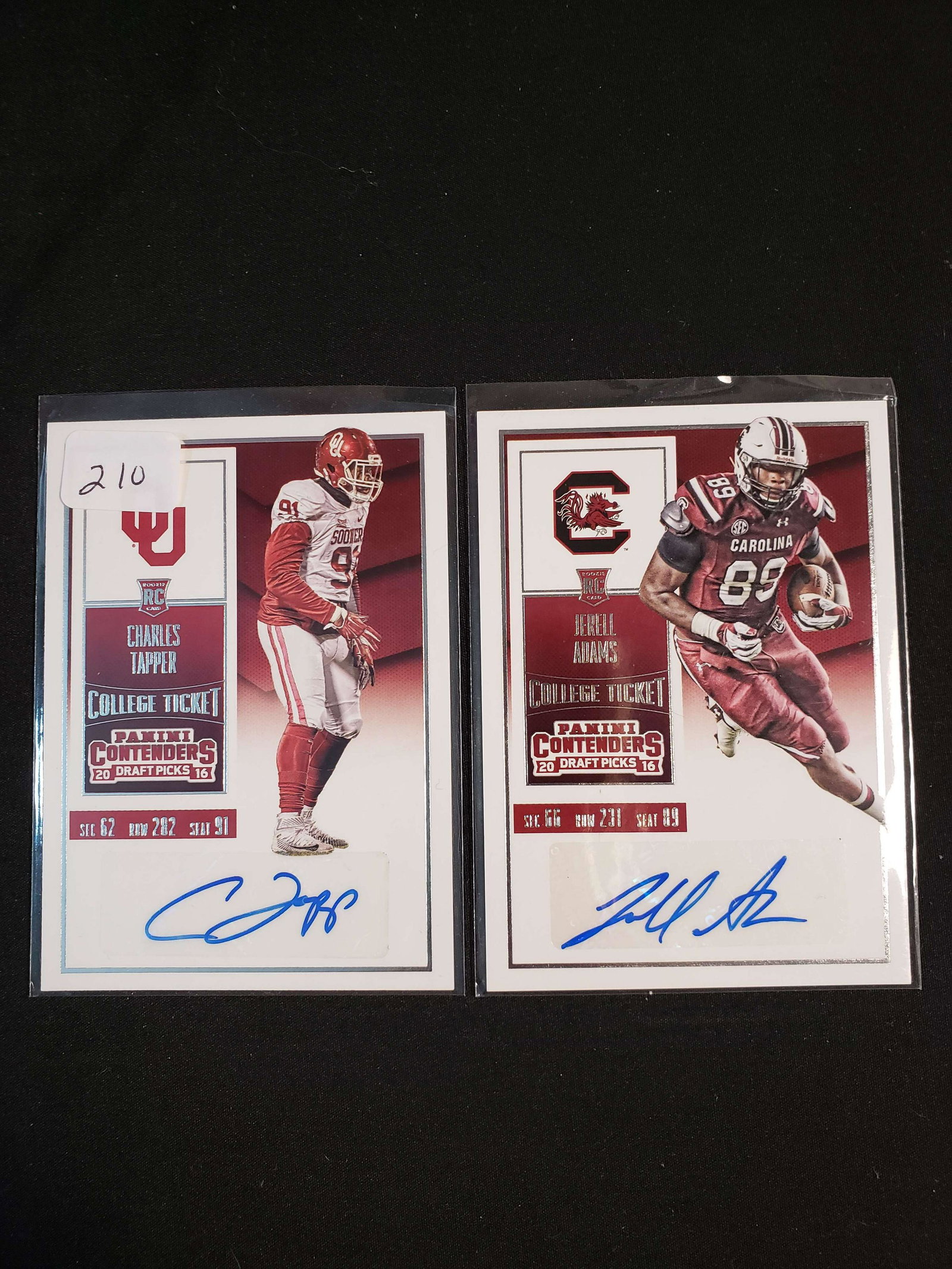 PANINI CONTENDERS FOTTBAL ROOKIE AUTOS: CHARLES TAPPER OKLAhoma sooners, jerell adams s. carlonia gamecocks