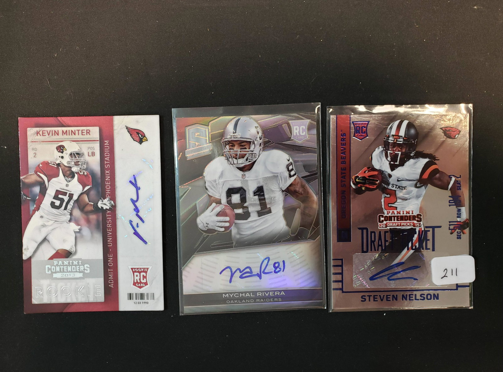 NFL FOOTBALL ROOKIE SIGNARURE CARDS LOT: STEVEN NELSON, MYCHAL RIVERA, KEVIN MINTER