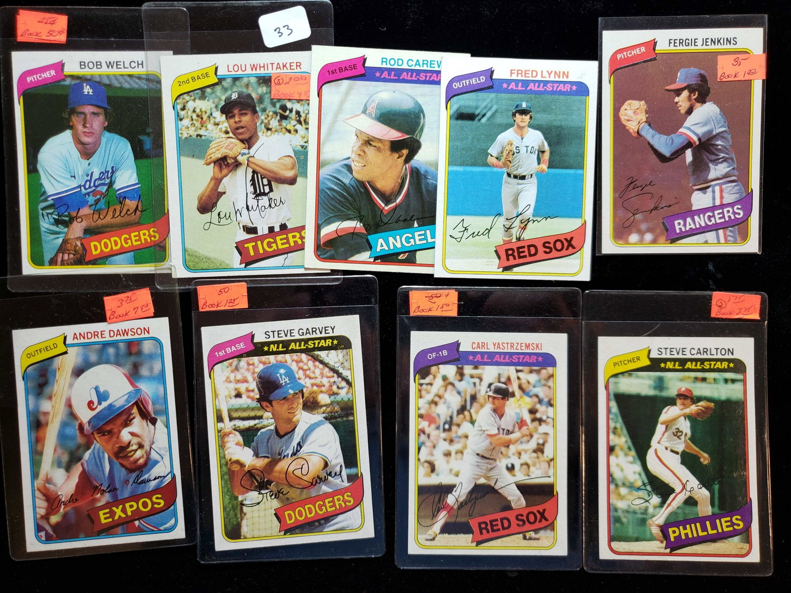 VINTAGE BASEBALL CARDS STARS AND HOFER LOT: 1980 TOPPS COLLECTION FRED LYNN, CAREW, YAZ, WHITAKER, DAWSON