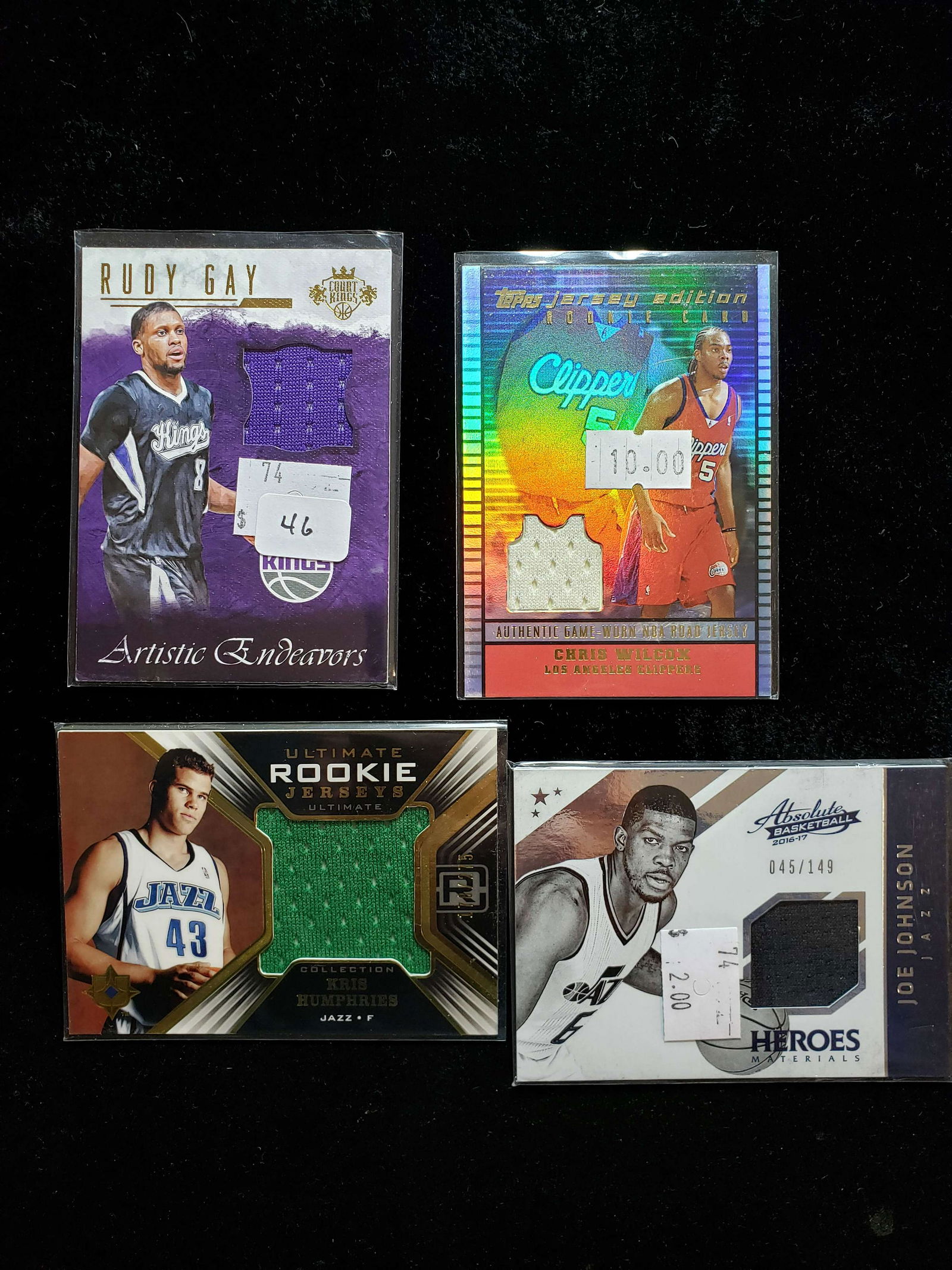 LOT OF 4 NBA BASKETBALL GAME USED RELIC CARDS: RUDY GAY KINGS, CHRIS WICOX LA CLIPPERS, KRIS HUMPHRIES/JOE JOHNSON UTAH JAZZ,