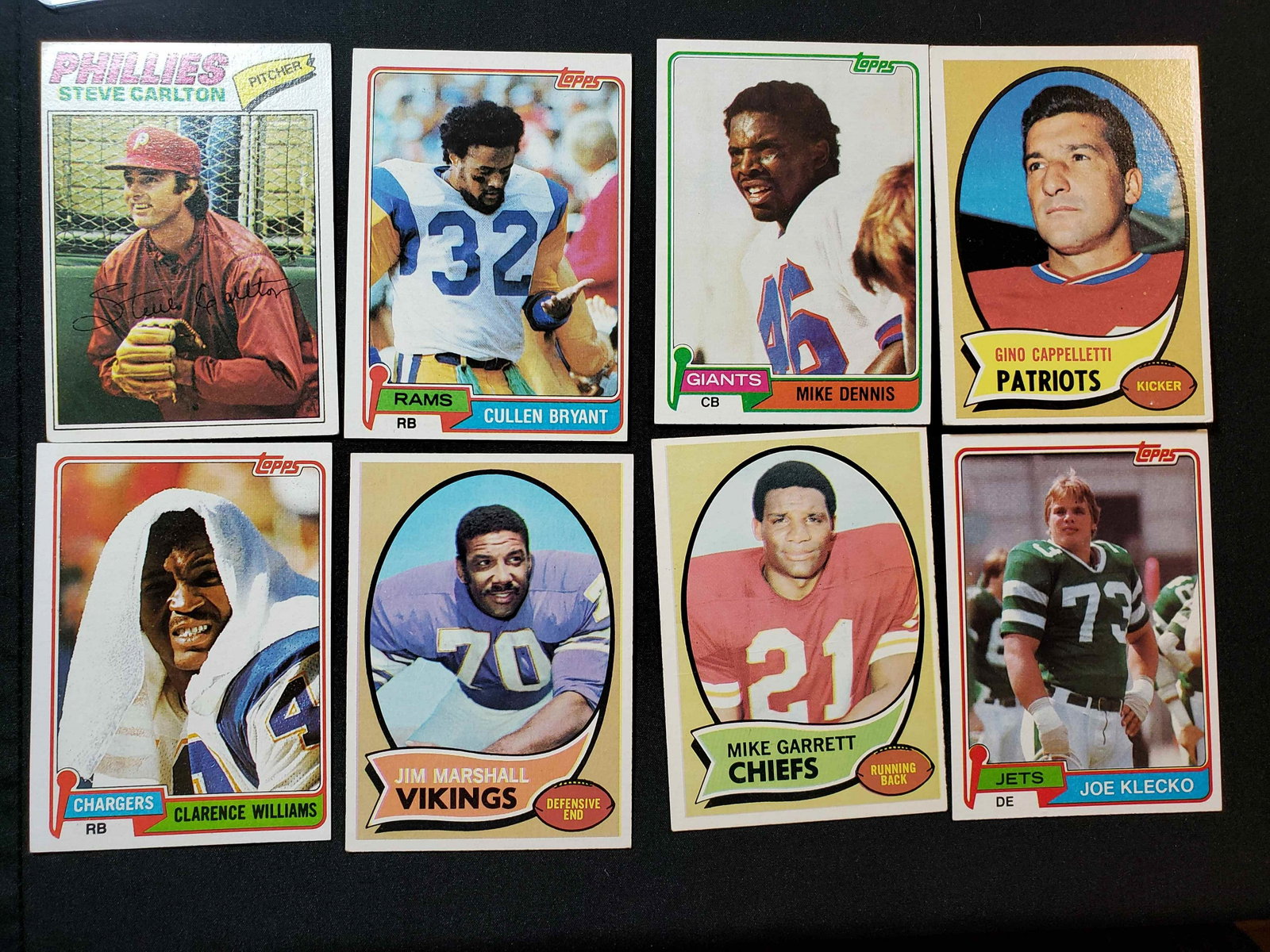 VINTAGE FOOTBALL CARDS WITH LEFTY STEVE CARLTON '77: GINO CAPPELLETTI, JOE KLECKO, JIM MARSHALL STEVE CARLTON, MIKE GARRETT