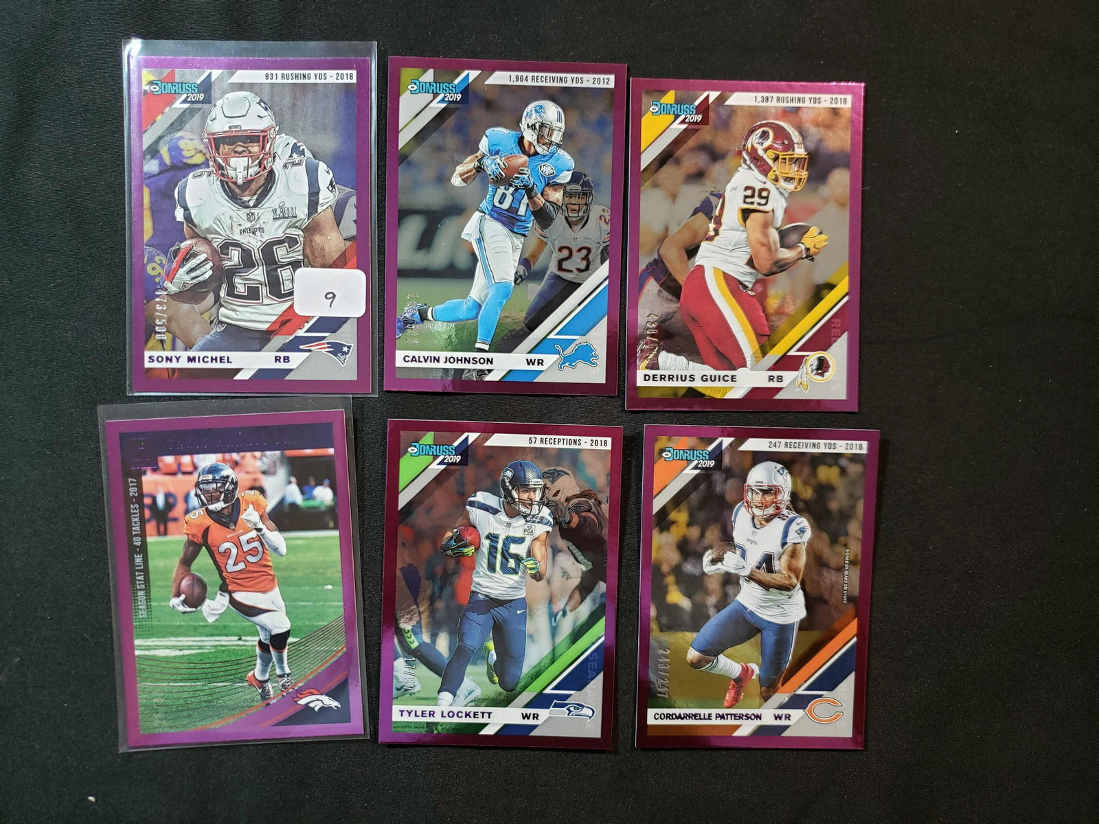 2019 DONRUSS FOOTBALL PURPLE FOIL #'D TO 500: SONY MITCHEL PATRIOTS, CALVIN JOHNSON, TYLER LOCKETT