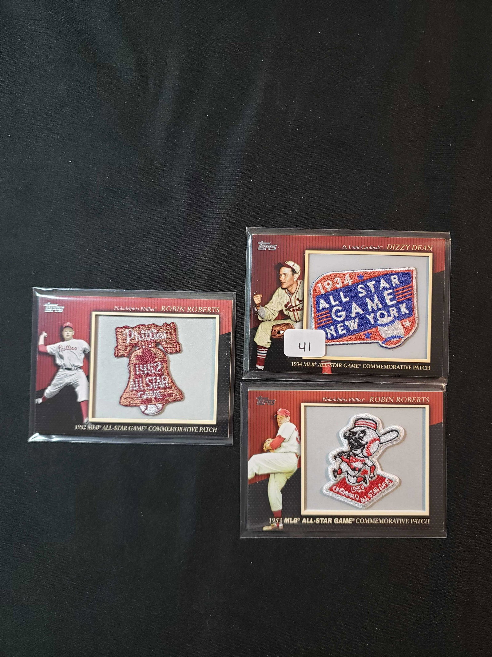 ALL-STAR GAME COMMEMORATIVE PATCH CARDS: ROBIN ROBERTS 1952, '53 ALL STAR GAME AND DIZZIE DEAN 1934 ALL-STAR GAME PATCH