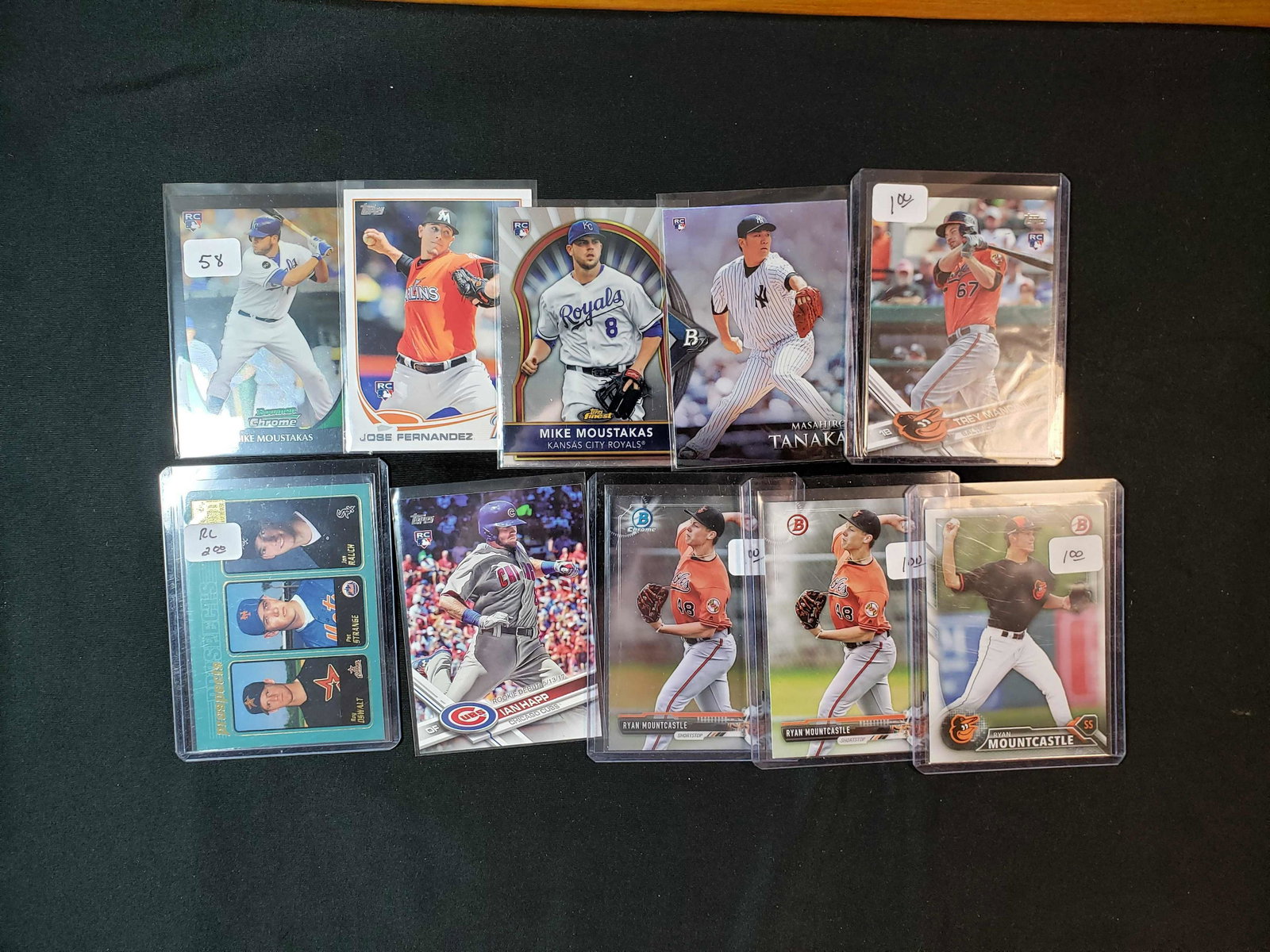 BASEBALL ROOKIE CARDS COLLECTION: COLLECTION OF 10 BETTER ROOKIE CARDS MIKE MOUSTAKAS, JOSE FERNANDEZ (rip), MASHAHIRO TANAKA, TREY MANCINI, IAN HAPP