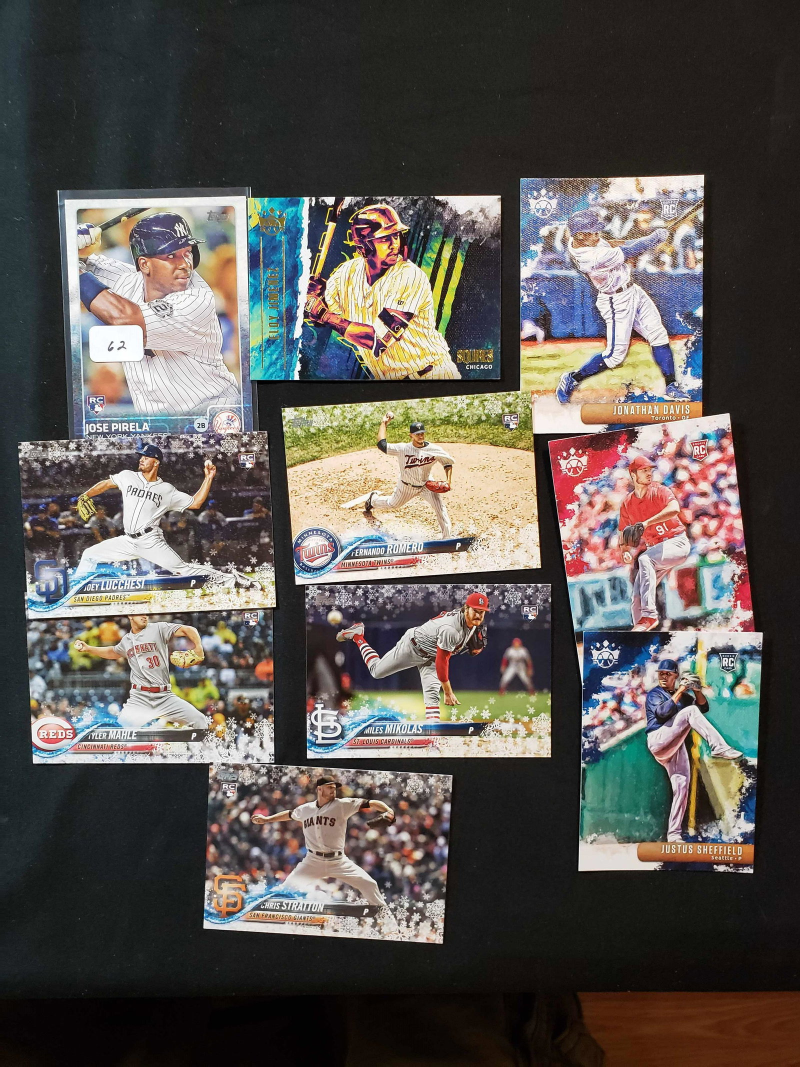 BASEBALL ROOKIE CARDS COLLECTION: JOSE PIRELA, ELOY JIMENEZ INSERT, JUSTUS SHEFFIELD