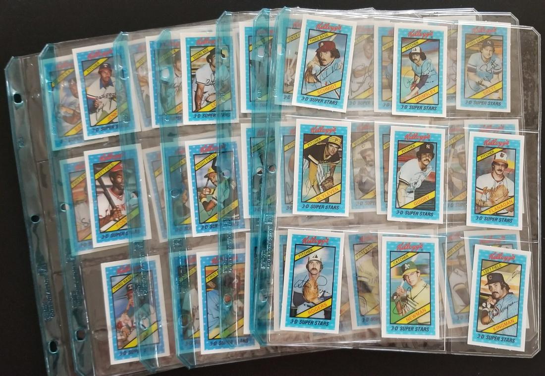 1980 Kellogs Baseball Complete Set: Lot of 60 Kellog's Cereal baseball cards from 1980. 52 of the the 60 cards are in NM or better condition with no cracking. 8 cards were damaged and have very minor cracks on left sides of the cards. C