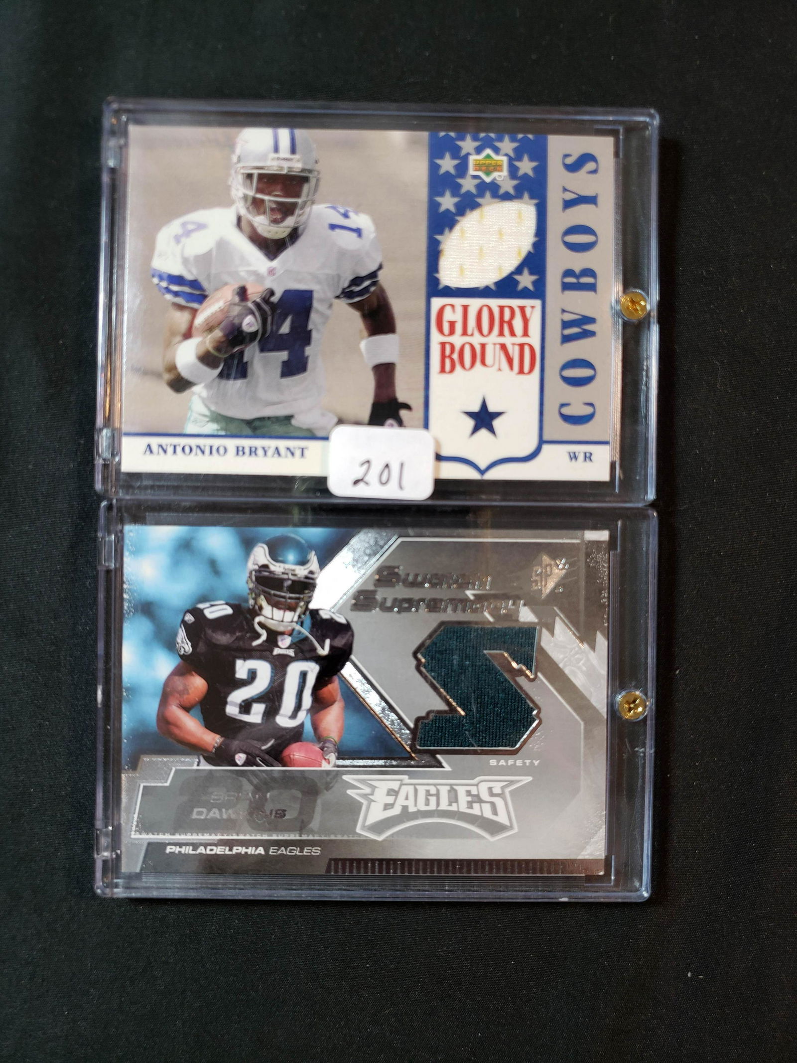 GAME USED FOOTBALL JERSEY CARDS IN SCREW DOWN: ANTONIO BRYANT GLORY BOUND AND SPX UPPER DECK BRIAN DAWKINS EAGLES