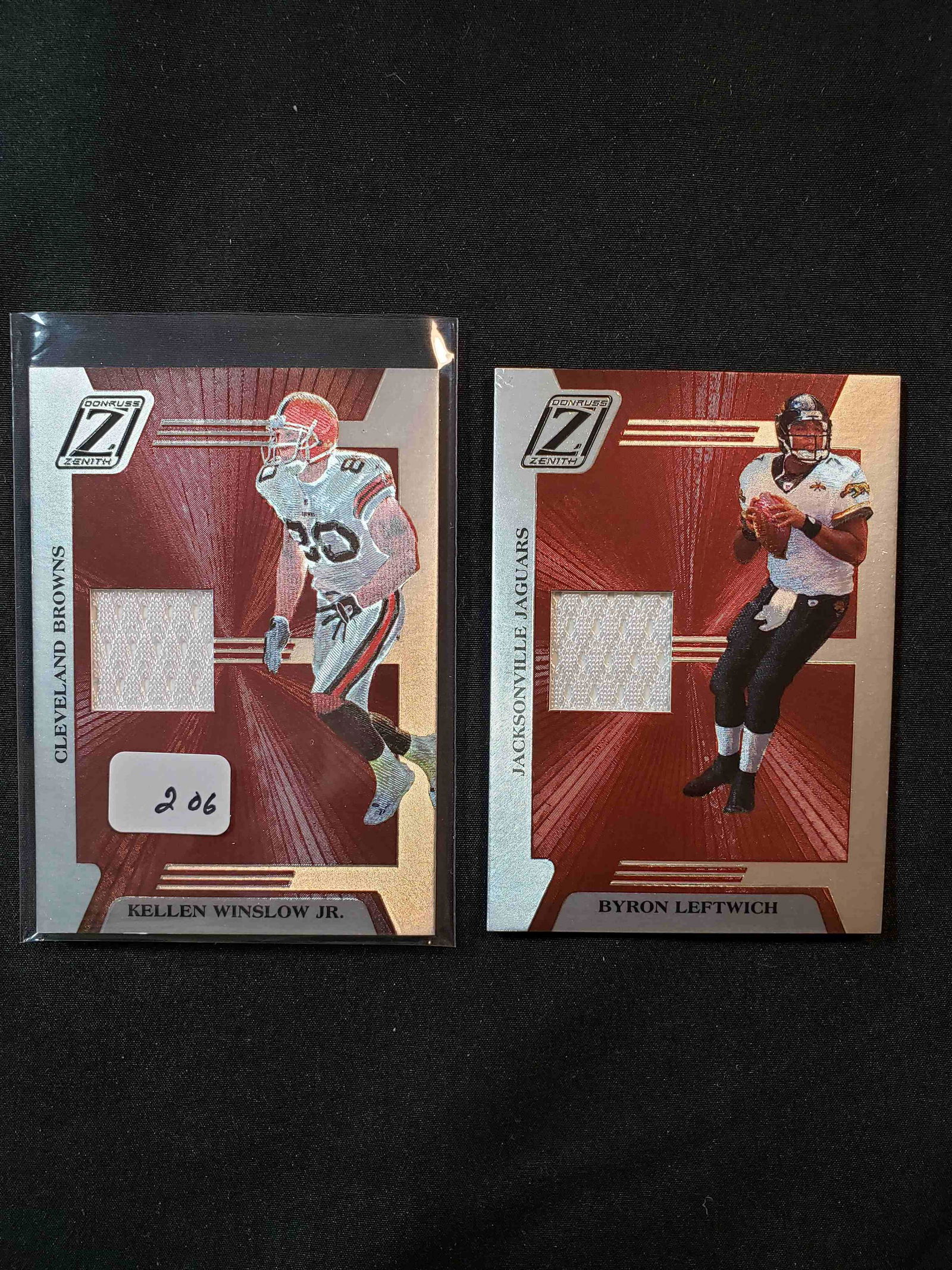 DONRUSS ZENITH GAME USED MEMORABILIA CARDS: BYRON LEFTWICH JAGS AND KELLEN WINSLOW JR. BROWNS