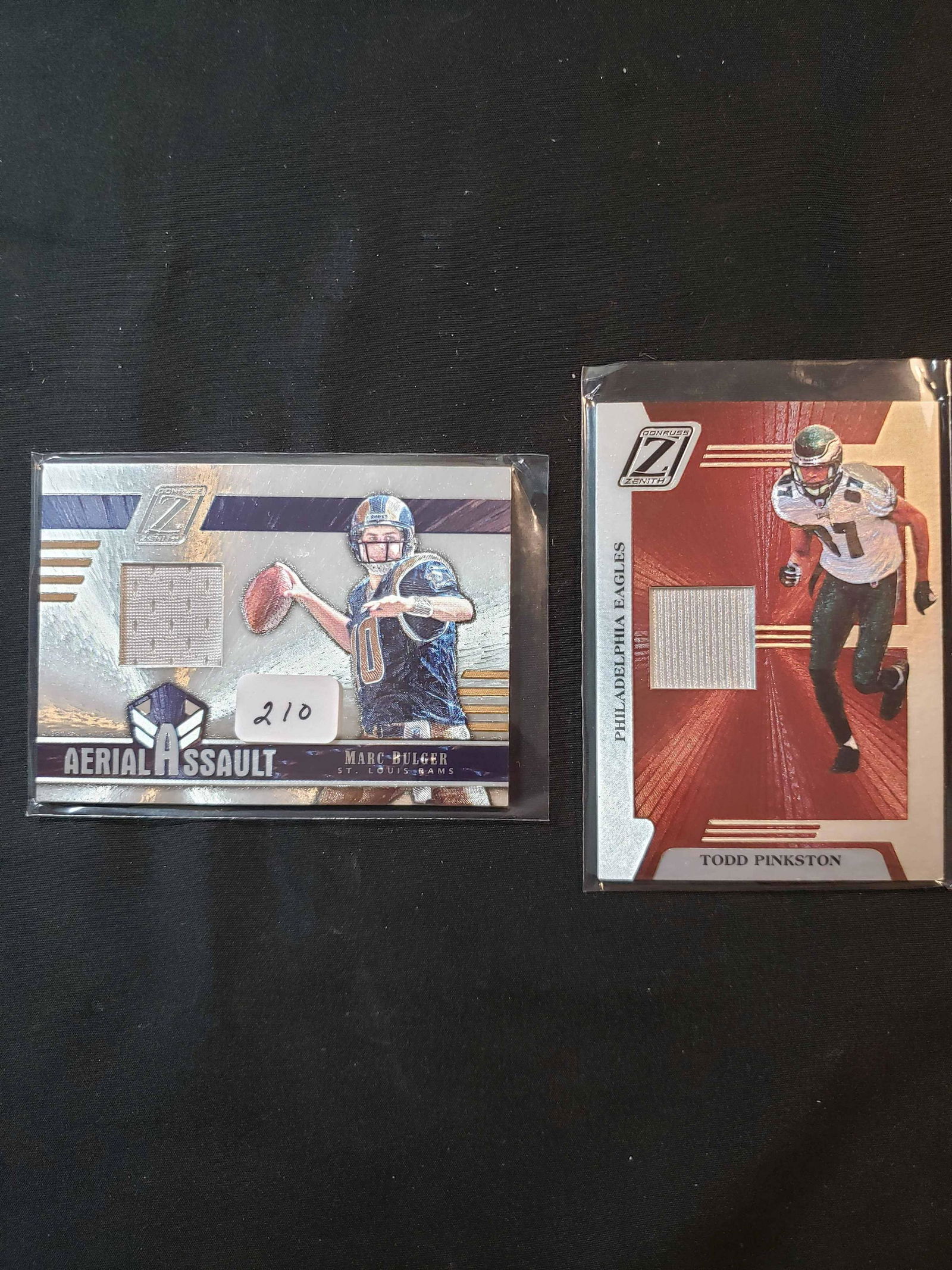 DONRUSS ZENITH GAME USED MEMORABILIA CARDS: MARC BULGER AERIAL ASSUALT 075/250, TODD PINKSTON EAGLES