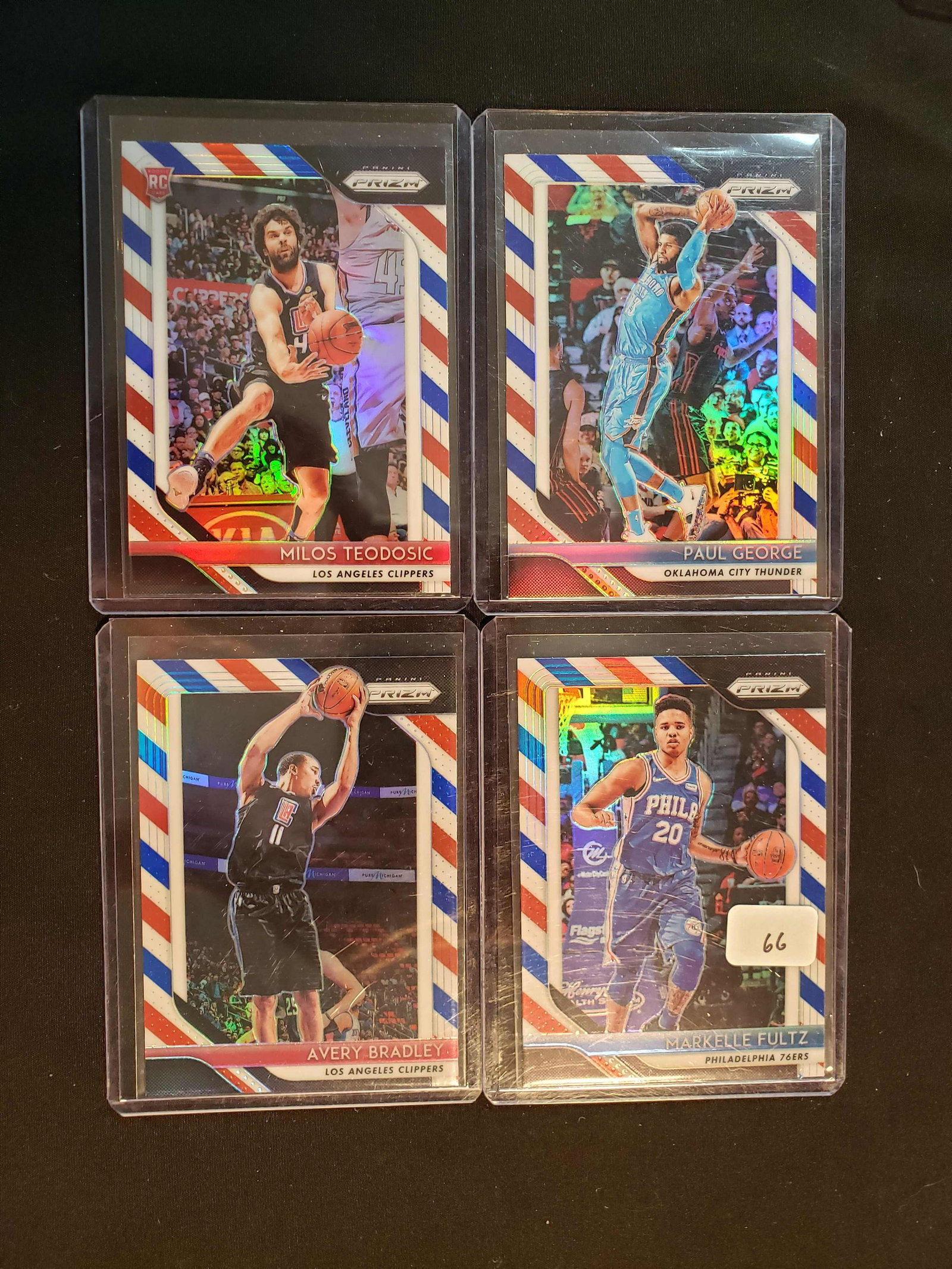 2018'-19 PANINI PRIZM BASKETBALL NUMBERED PARALLEL: LOT OF 4 RED WHITE BLUE PRIZMS PAUL GEORGE MARKELLE FULTZ