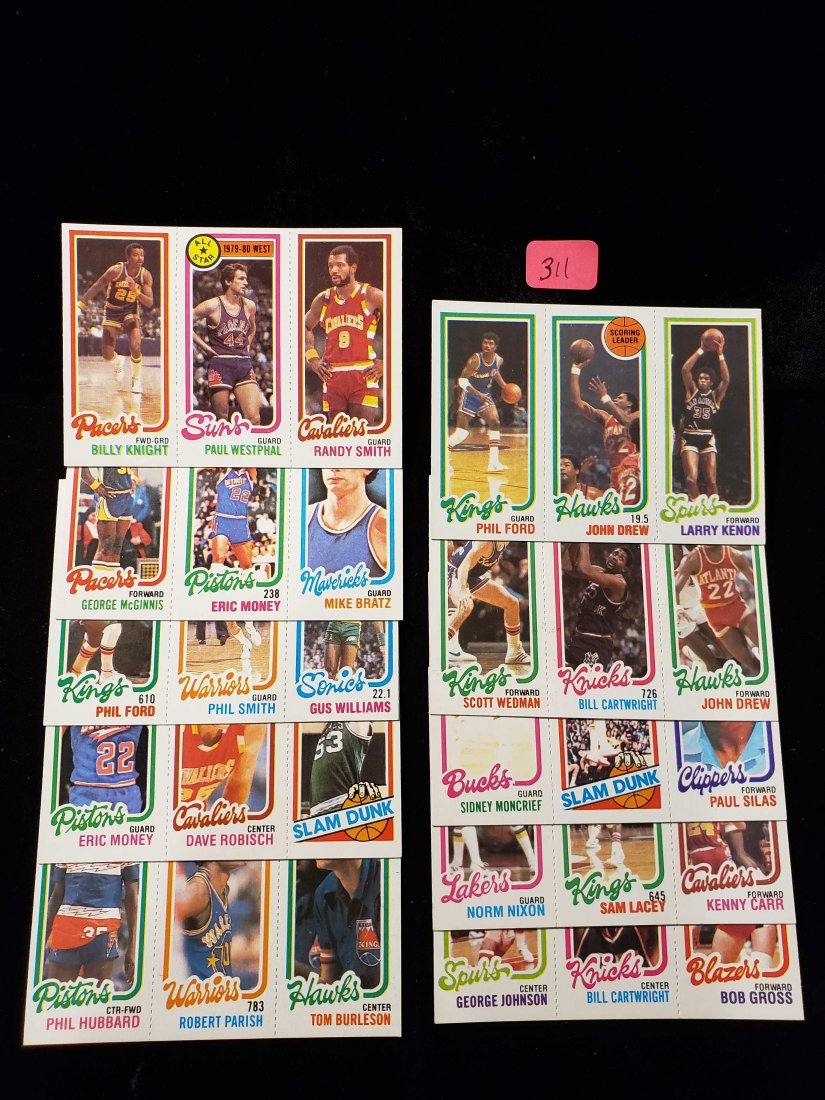 1980-81 TOPPS BASKETBALL HIGHER GRADE LOT: 10 DIFFERENT PANELS MINTY FRESH SHARP VINTAGE CARDS WITH GREAT ASSORTMENT OF PLAYERS MINT INTACT PANELS PAUL WESTPHAL, GEORGE MCGINNIS, PHIL FORD, SIDNEY MONCRIEF, PAUL SILAS, GEORGE JOHNSON, KENNY CA