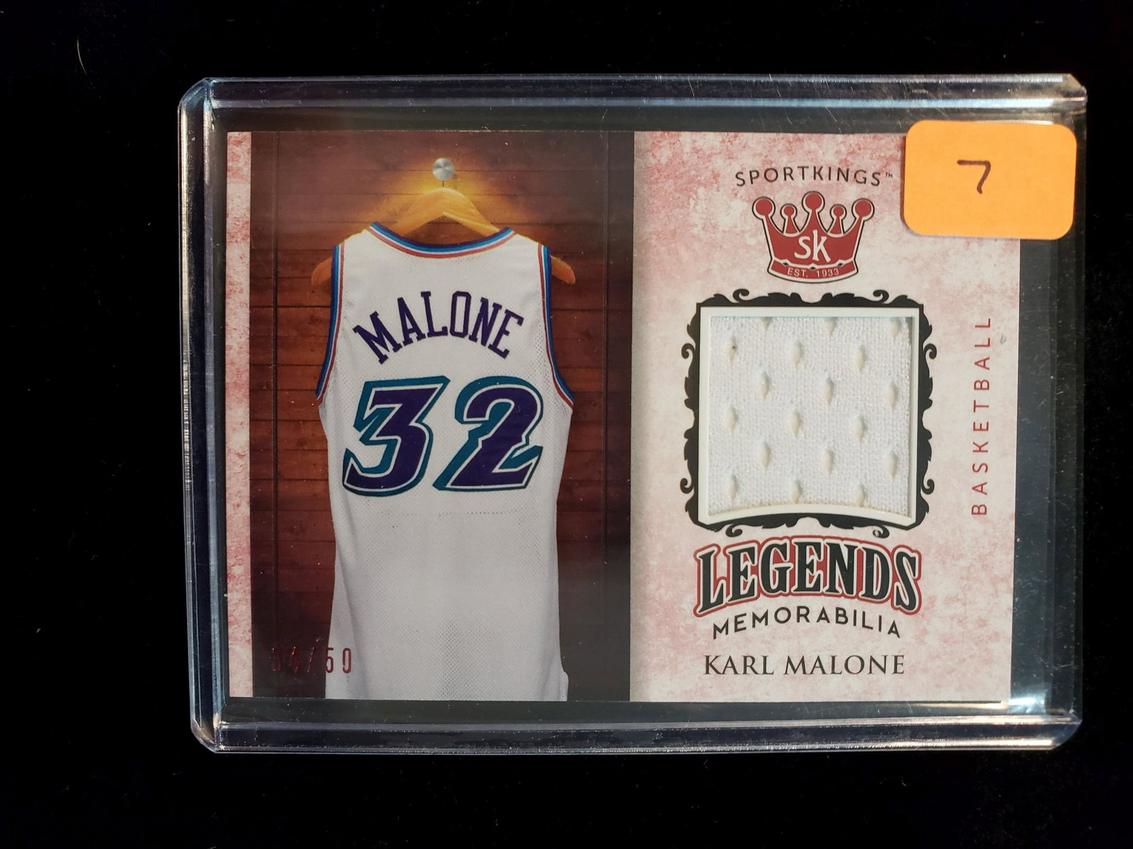 Karl Malone short print memorabilia card: Sport kings Karl Malone Utah Jazz authentic game worn Jersey SwatchNUMBERED 34/50