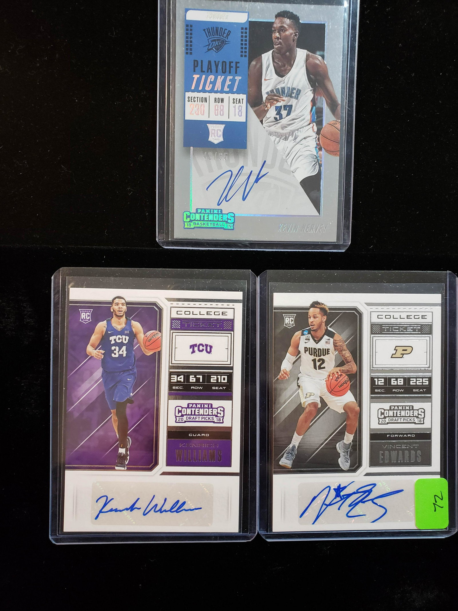 Panini contenders Autographed rookie basketball cards: Vincent Edwards Purdue Rick Williams TCU plus bonus short print OKC Thunder numbered to 65