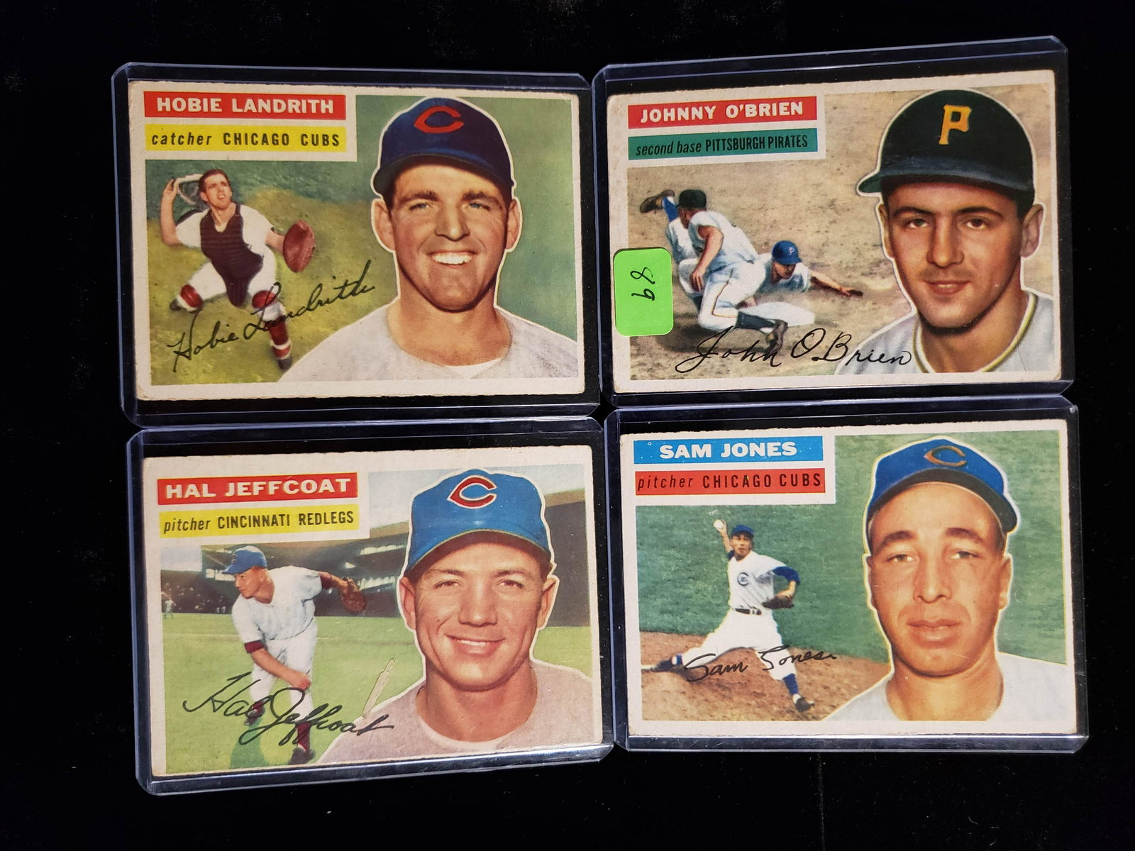 VINTAGE 1956 TOPPS BASEBALL CARDS EXCELLENT: JOHNNY O'BRIEN , SAM JONES, HAL JEFFCOAT, HOBIE LANDRITH CARD #65, 259, 289, & 314. CARDS ARE VG/EX OR BETTER.