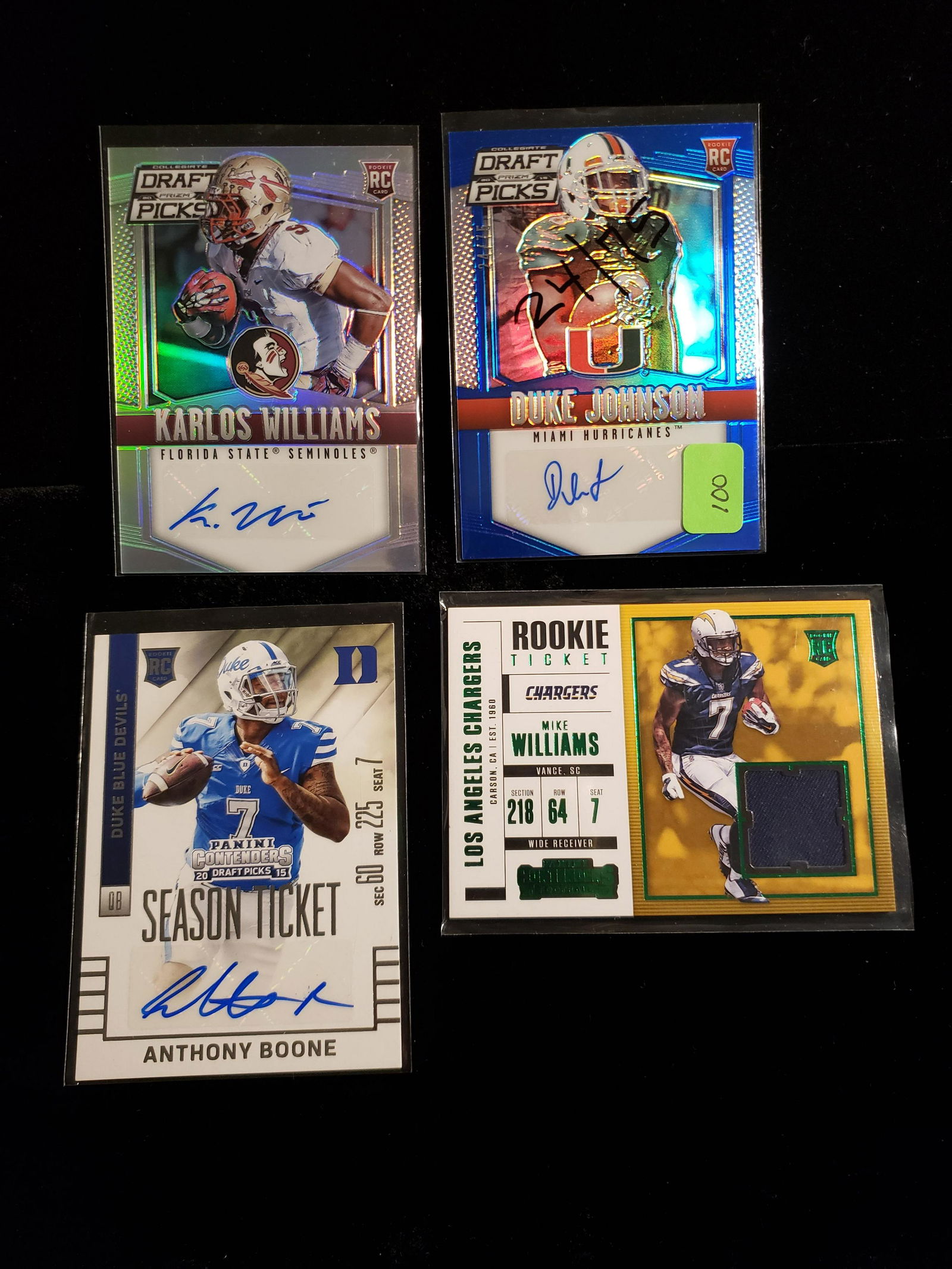 NFL FOOTBALL AUTOS AND RELIC CARDS: PRIZM DRAFT DUKE JOHNSON, KARLOS WILLIAMS, ANTHONY BOONE MIKE WILLIAMS ROOKIE JERSEY CARD