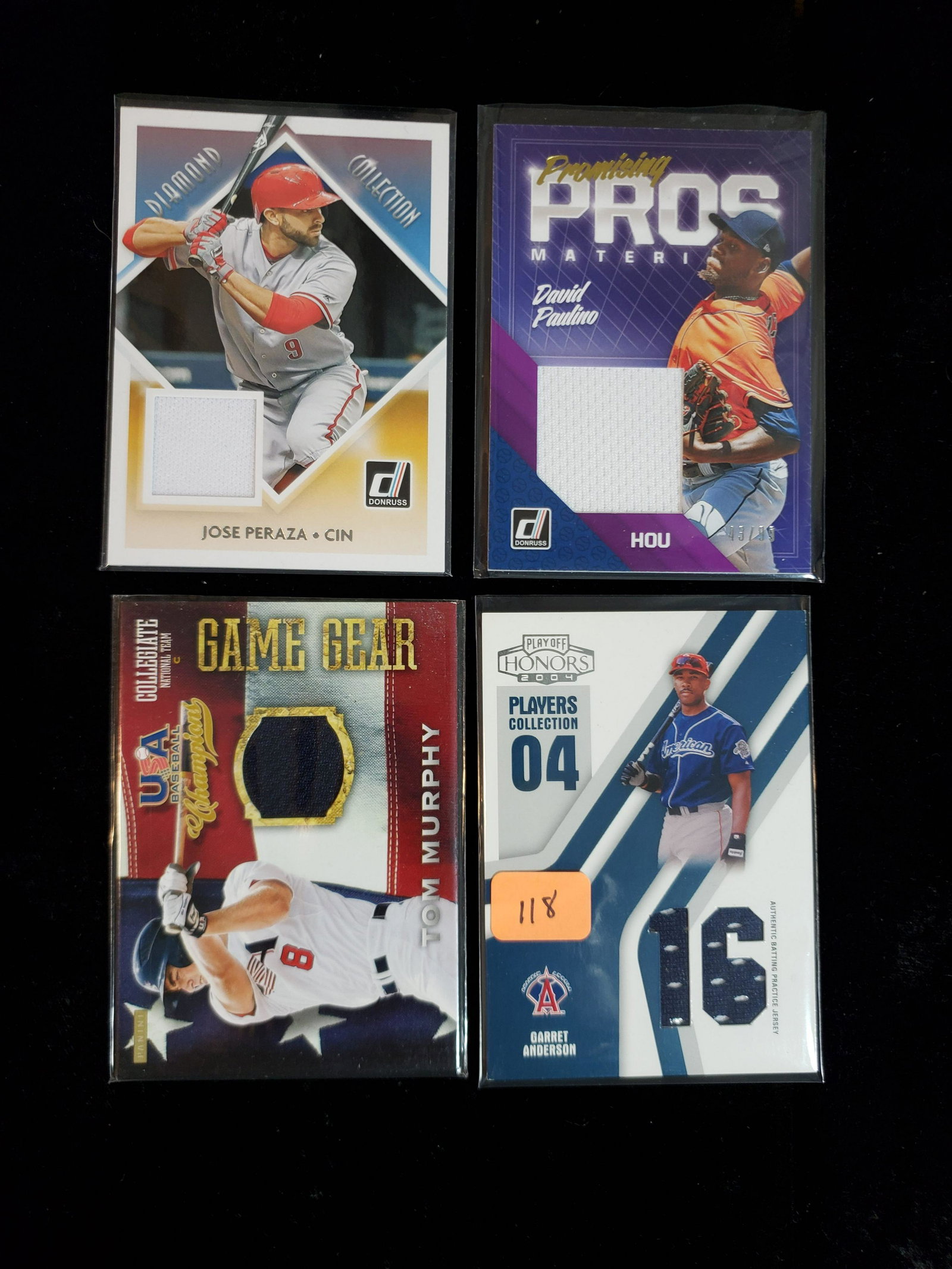 LOT OF 4 BASEBALL JERSEY RELIC CARDS: PLAYOFF HONORS GARRET ANDERSON, USA BASEBALL TOM MURPHY, DAVID PAULINO 43/99, AND JOSE PERAZA DIAMOND COLLECTION