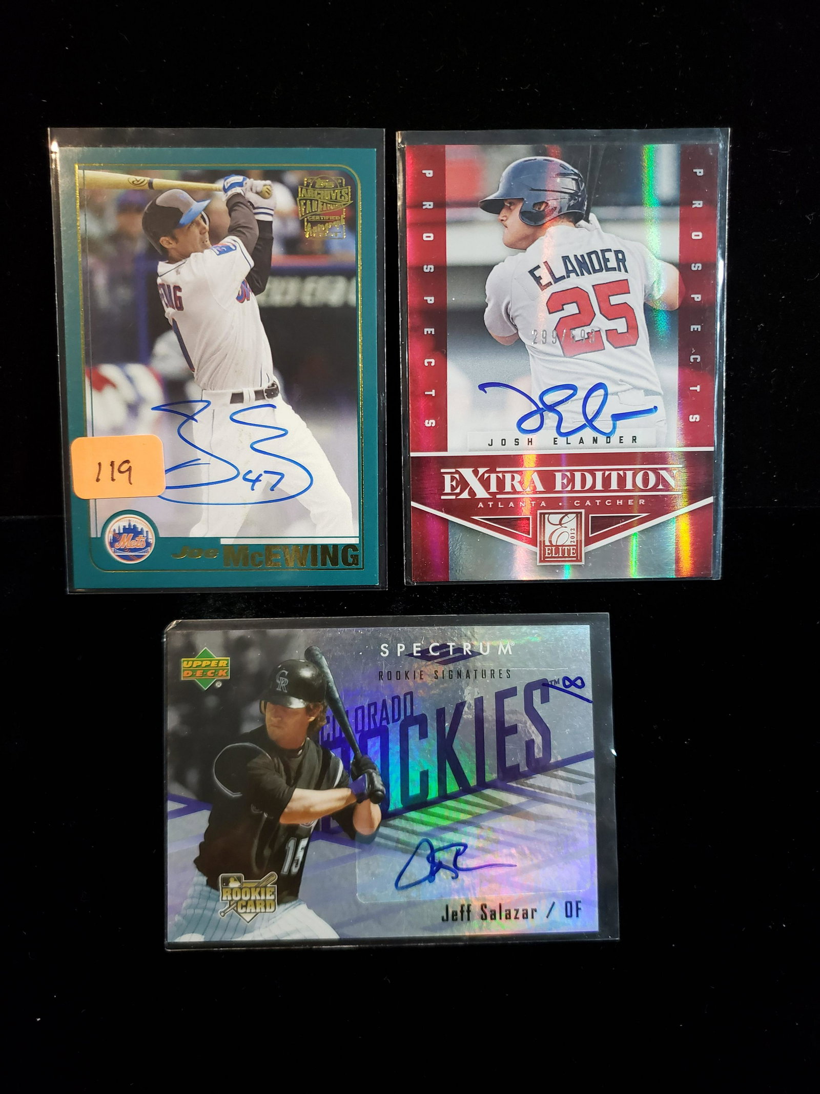 BASEBALL AUTOGRAPHED TRADING CARDS: JOE MCEWING ARCHIVES FAN FAVES, JEFF SALAZAR AND JOSH ELANDER